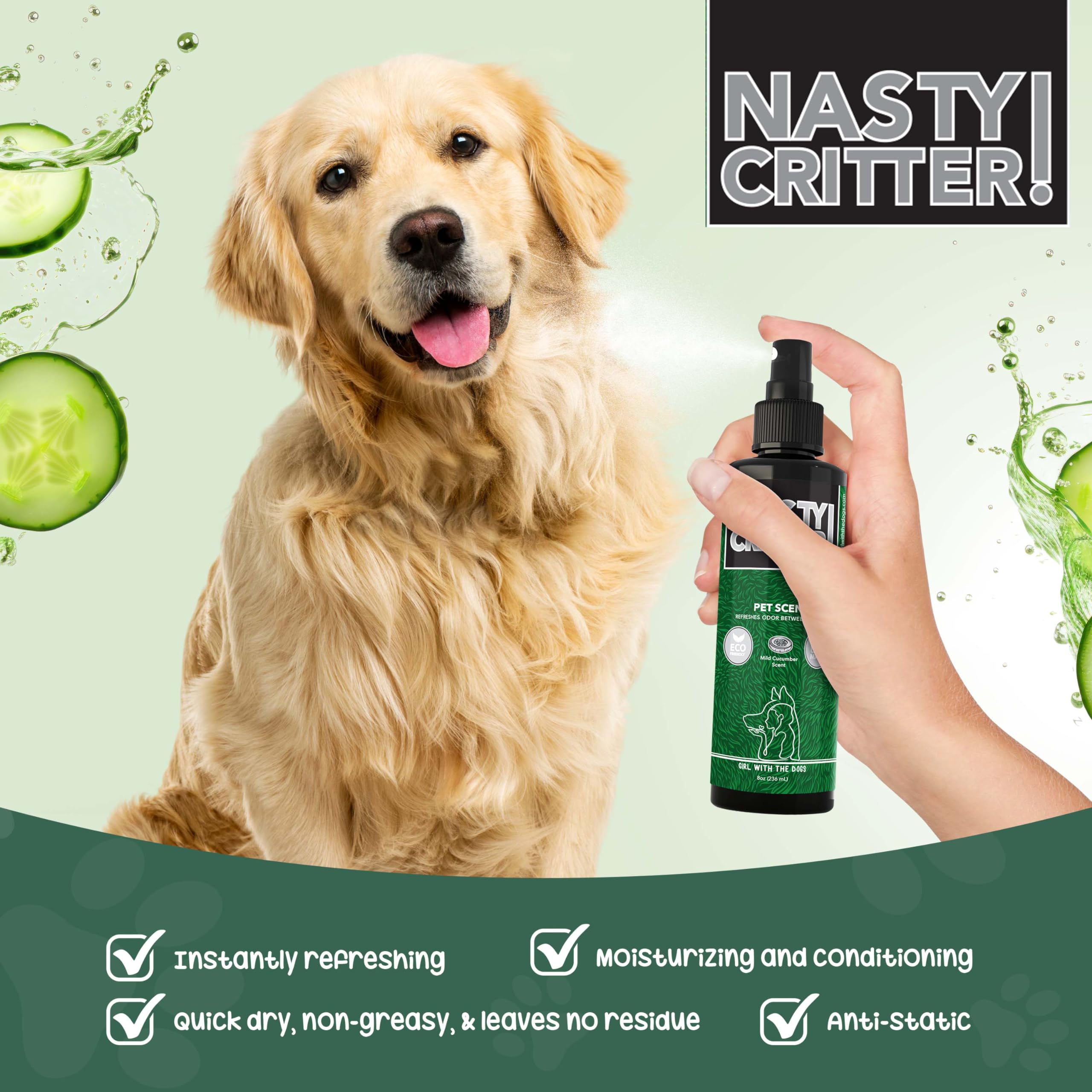 Girl With The Dogs NASTY CRITTER grooming-ready spray used by professionals.