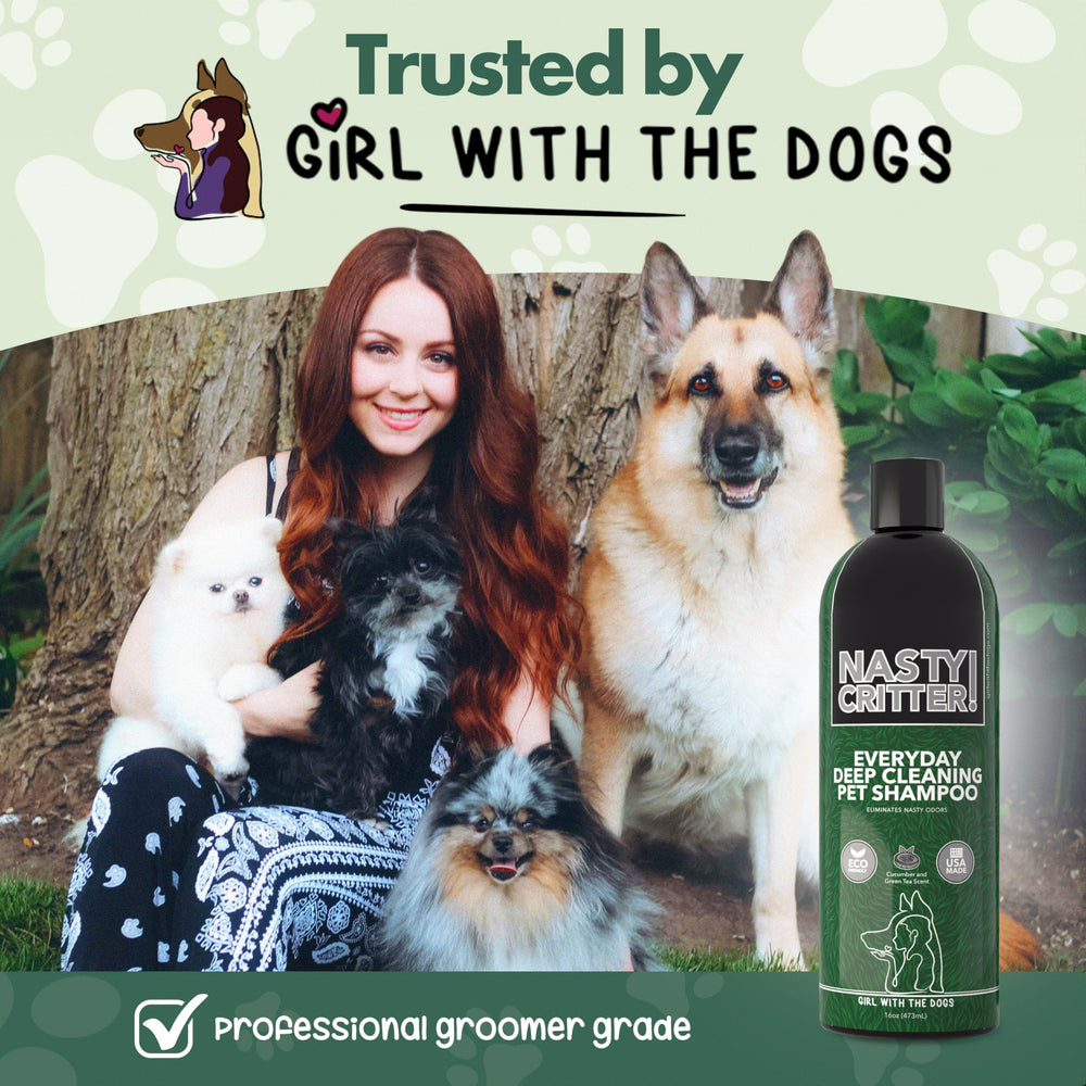 Girl With The Dogs NASTY CRITTER label close-up highlights cucumber and green tea scent for a pleasant bath.