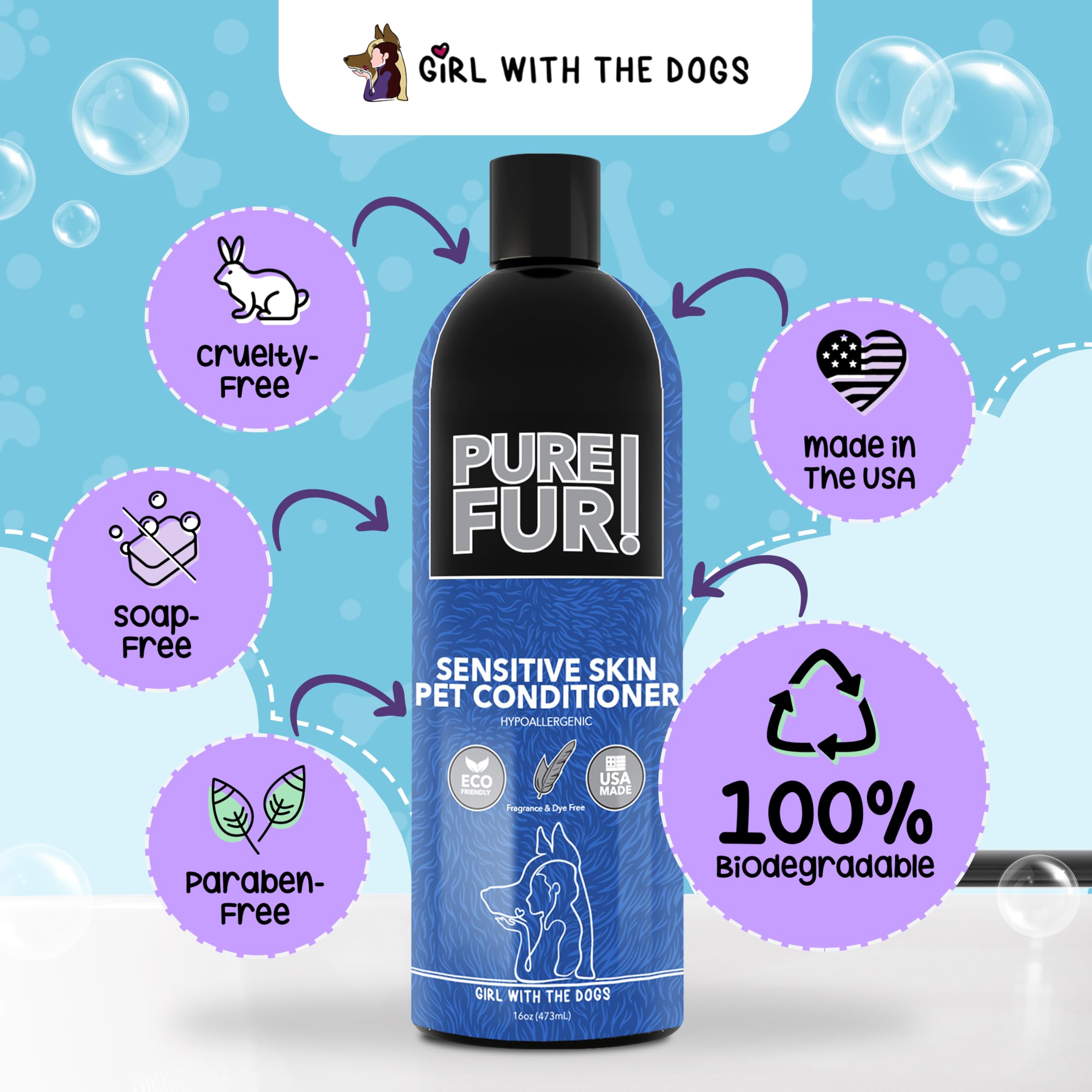 Puppy enjoys a rinse with Pure Fur conditioner during bath.