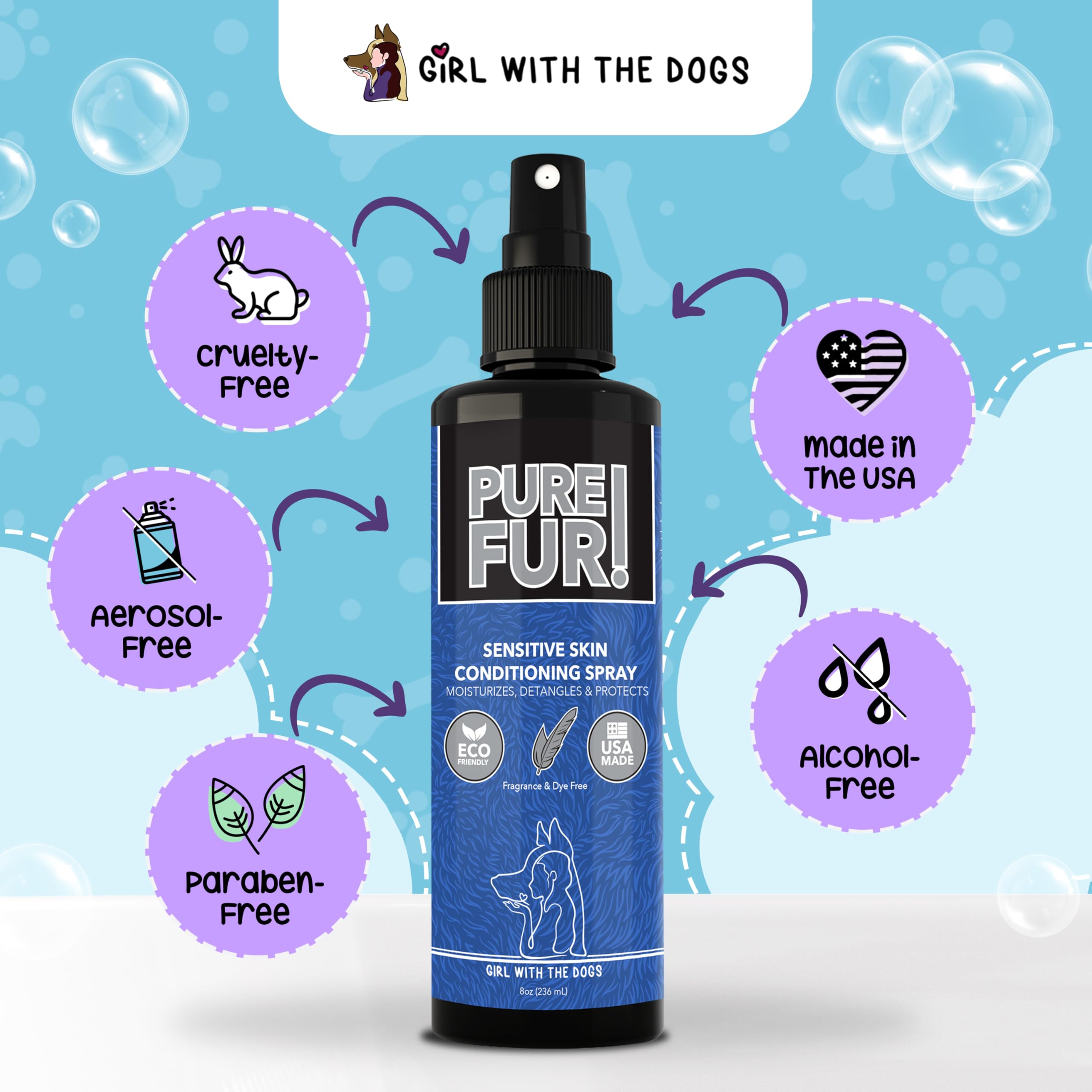 Girl With The Dogs Pure Fur! cruelty-free, biodegradable grooming solution for eco-conscious pets.