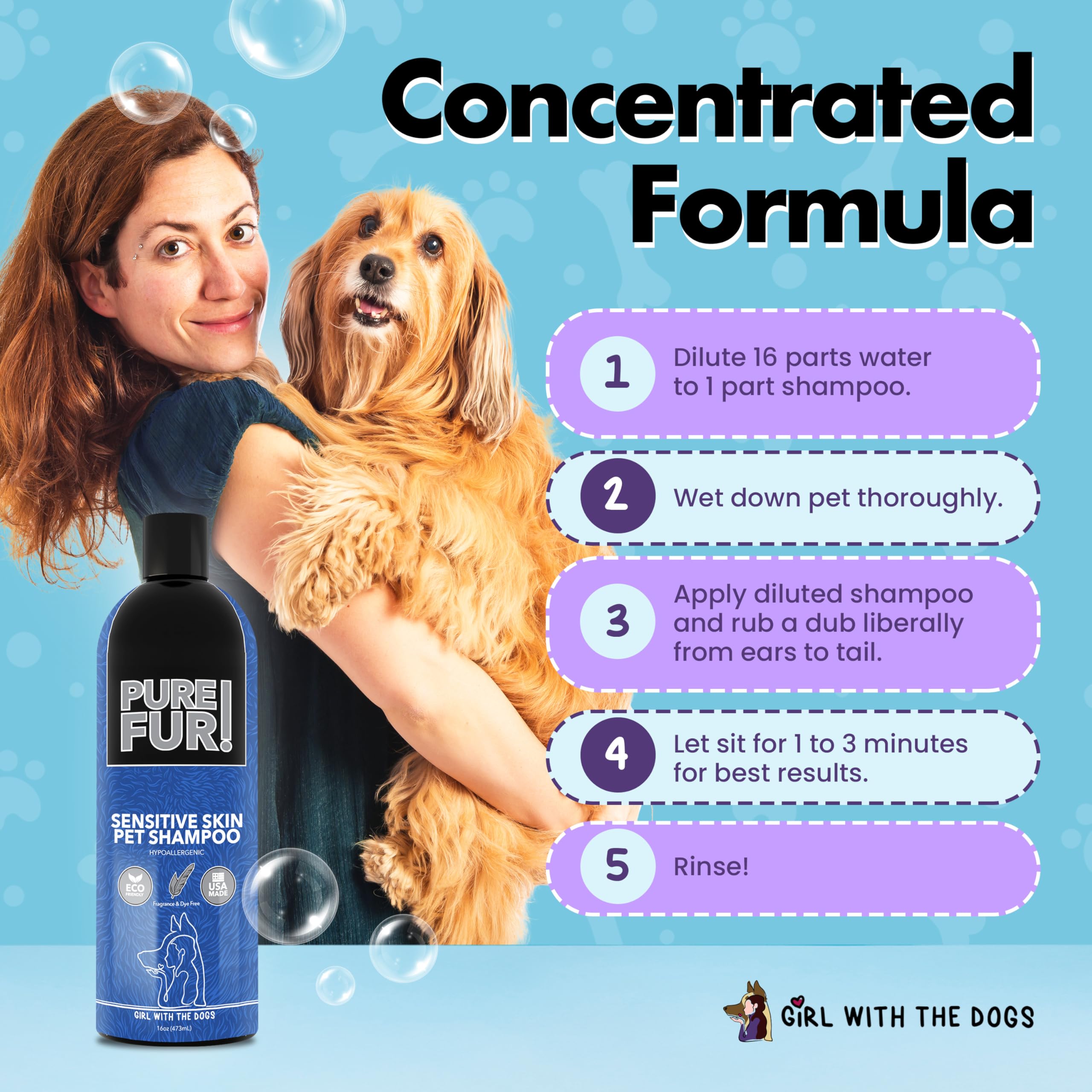Girl With The Dogs Pure Fur! dilutable shampoo demonstrated with a 4-gallon concentration concept.
