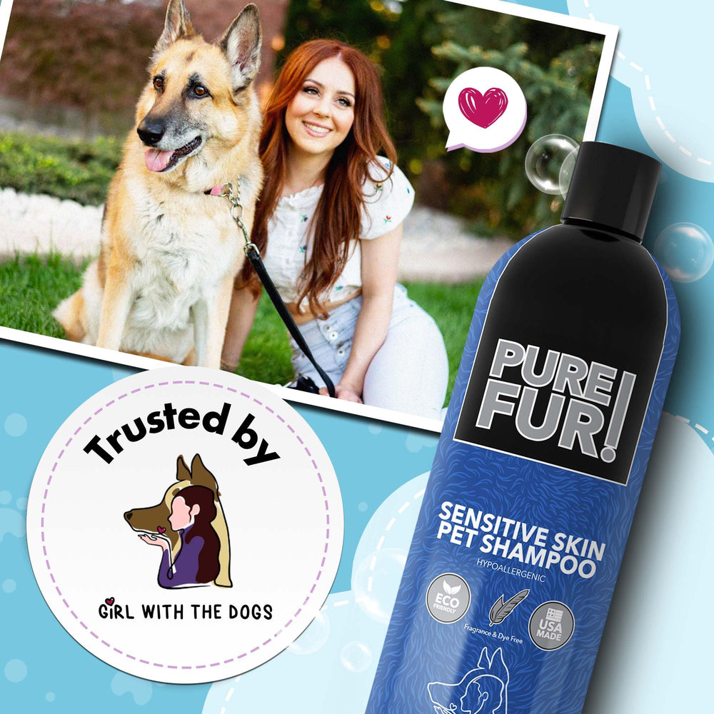 Girl With The Dogs Pure Fur! label closeup highlighting natural, fragrance-free formula.