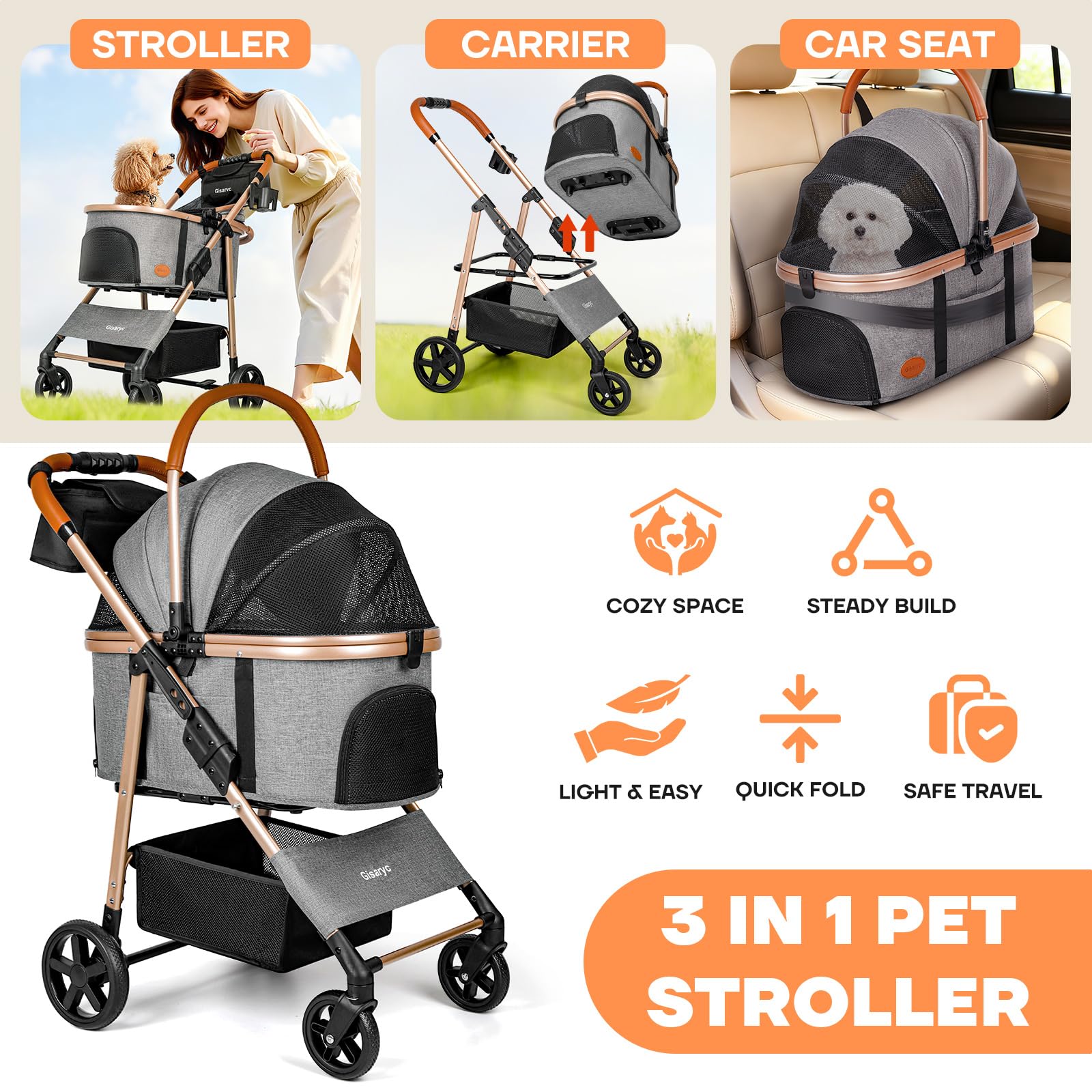 Gisaryc 3in1 pet stroller detachable carrier in grey for easy vet visits