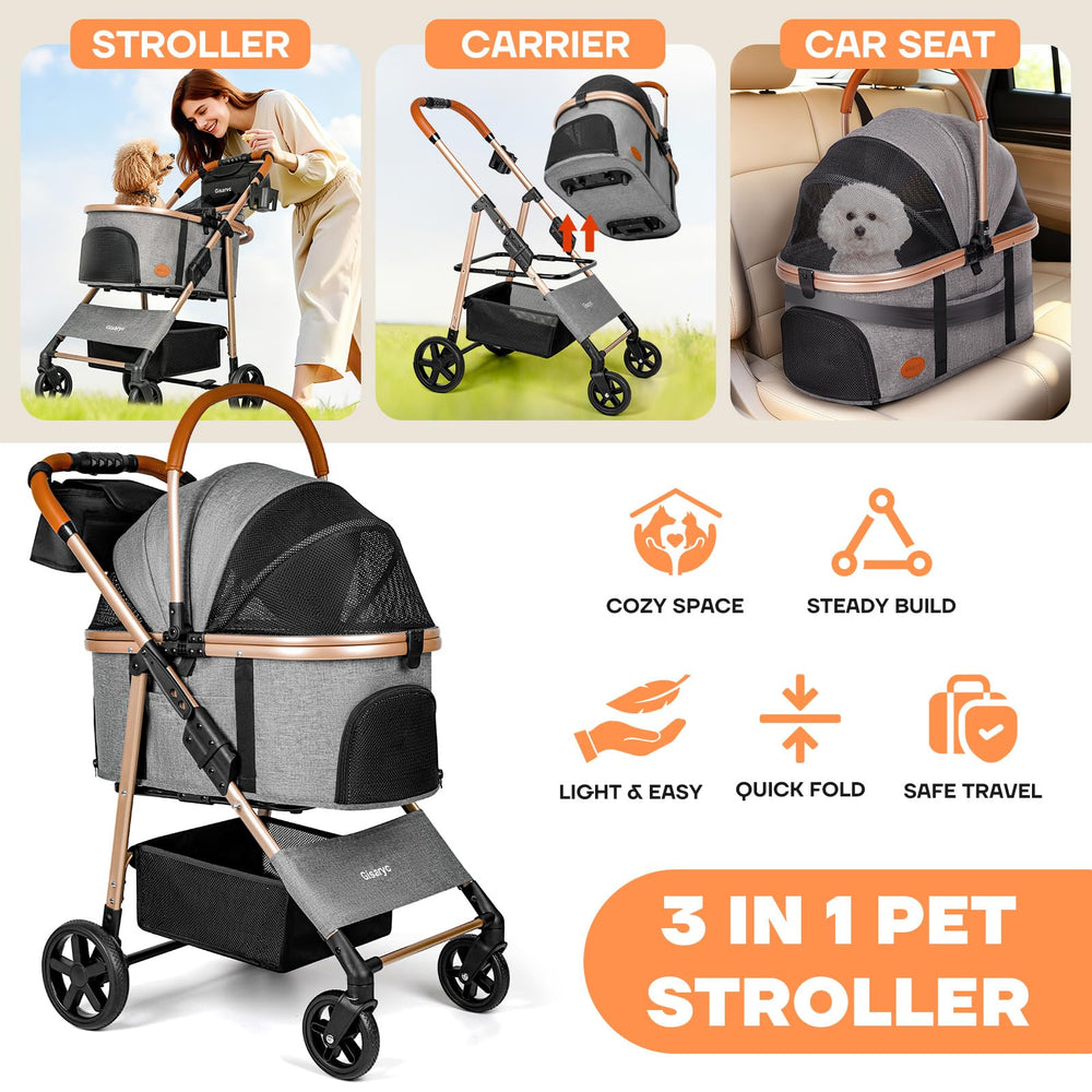 Gisaryc 3in1 pet stroller detachable carrier in grey for easy vet visits