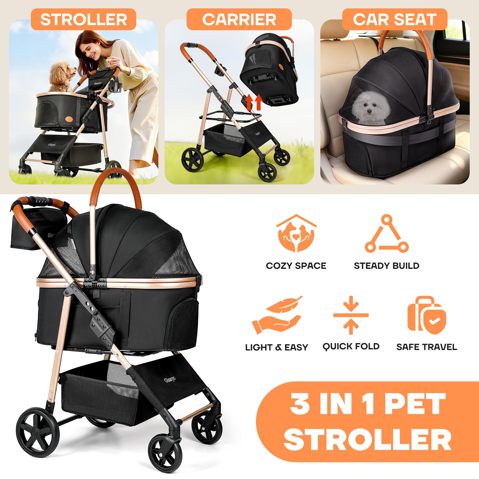Gisaryc dog-cat stroller folded compact for easy car trunk storage