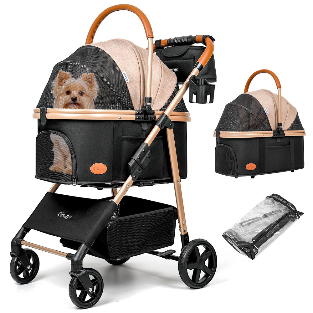 Gisaryc dog cat stroller front view in khaki for a smooth ride