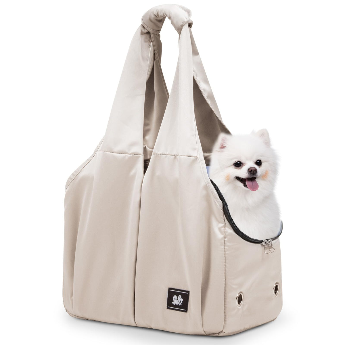 Gisaryc Dog Purse Carrier beige full view shows soft fabric and portable design.