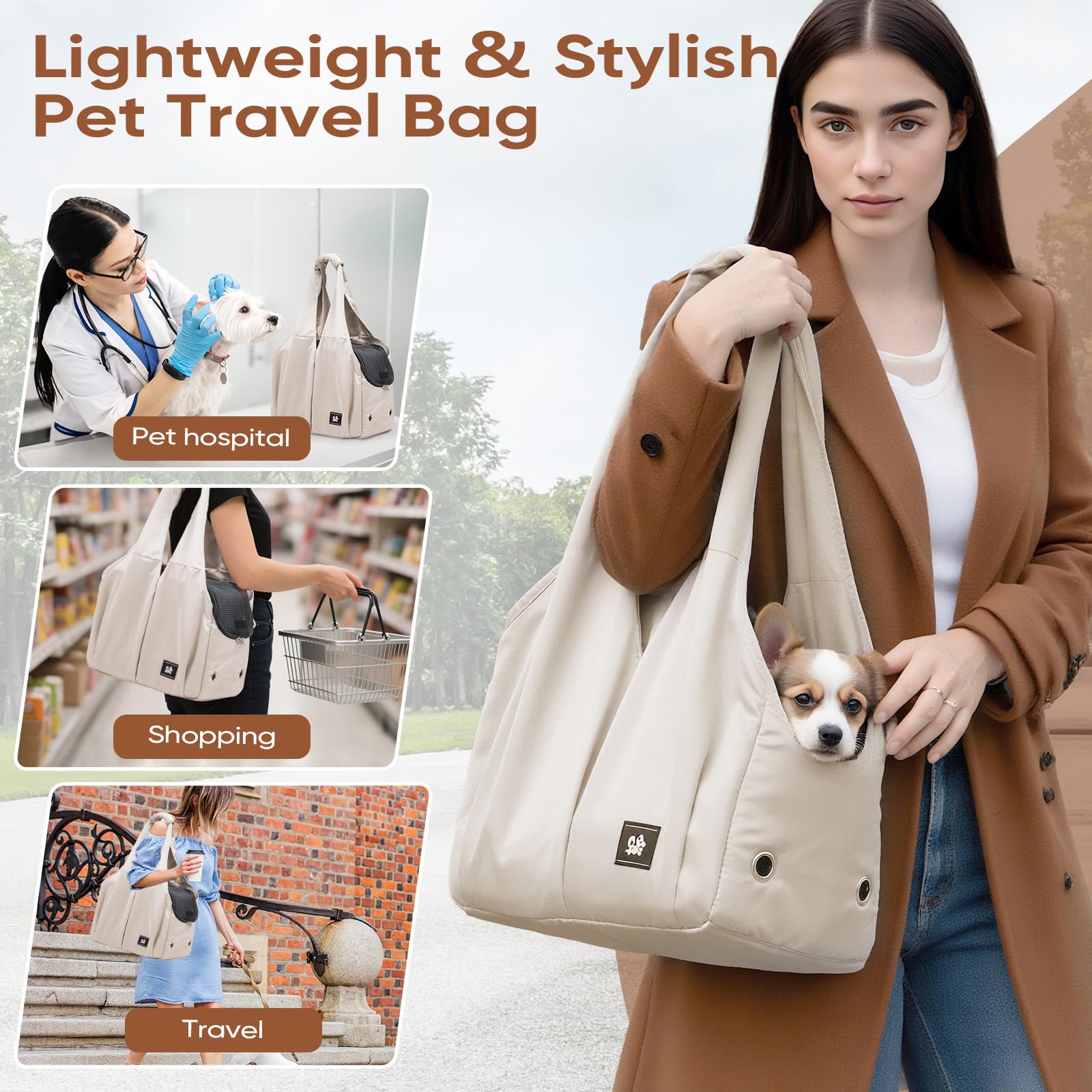 Gisaryc Dog Purse Carrier beige front pockets for treats and essentials.