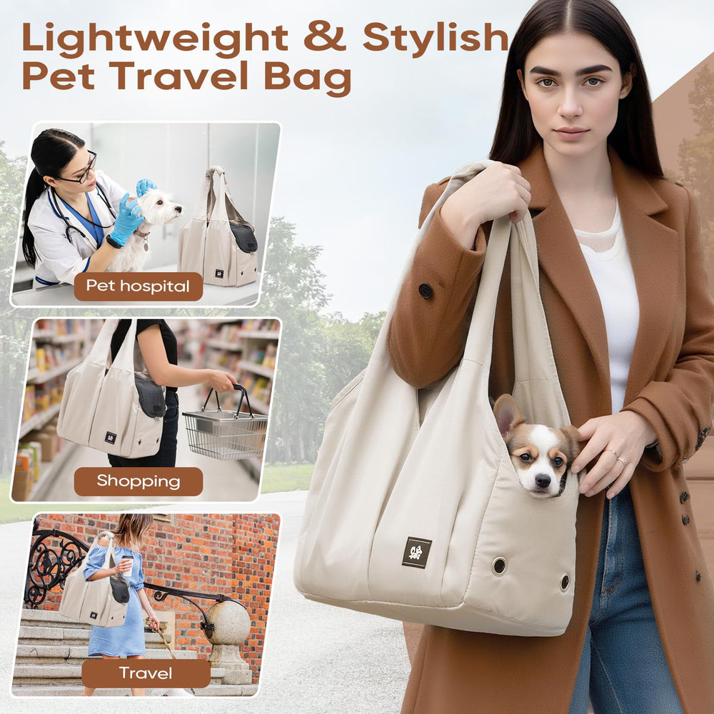 Gisaryc Dog Purse Carrier beige front pockets for treats and essentials.