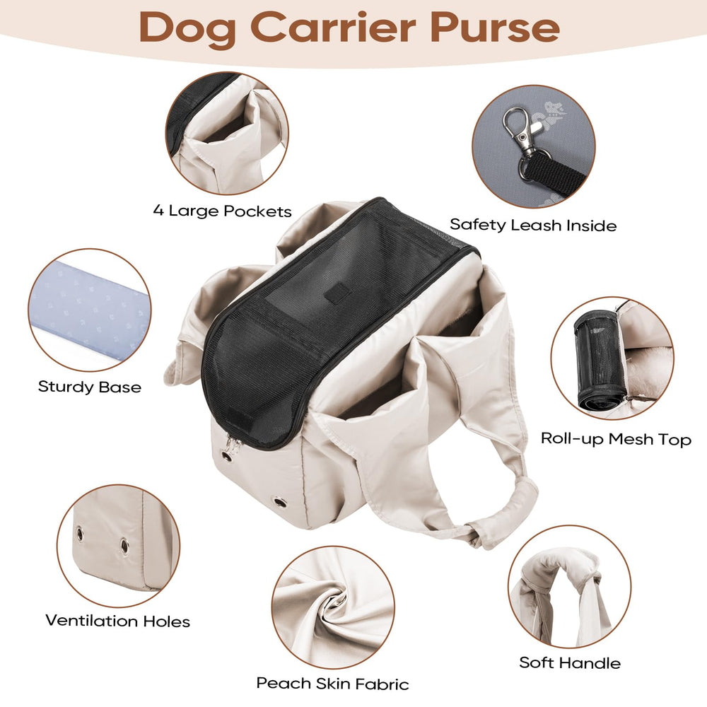 Gisaryc Dog Purse Carrier beige highlights safety hook and bottom support for stability.