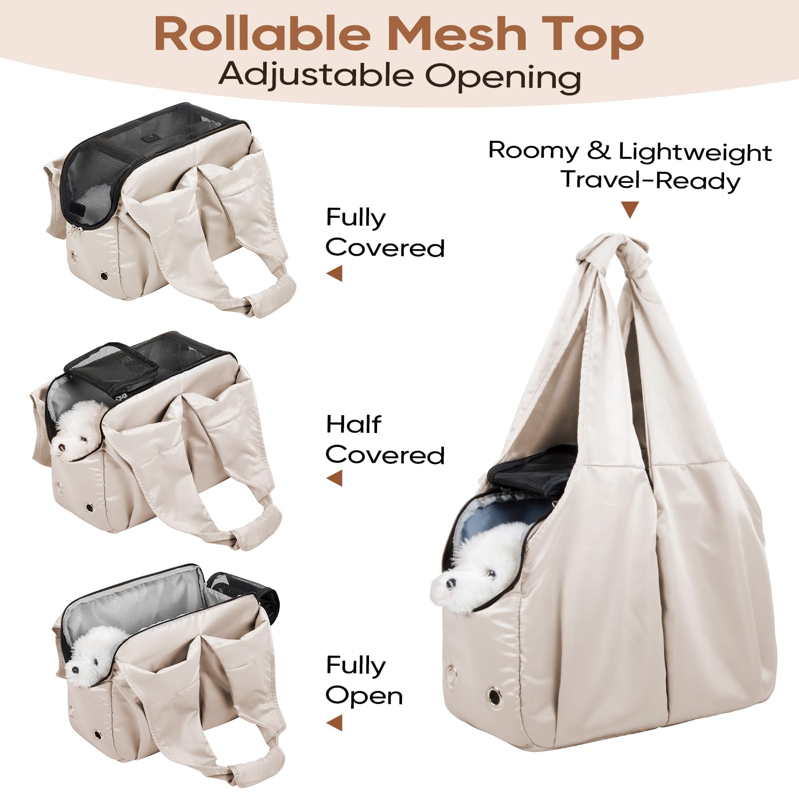 Gisaryc Dog Purse Carrier beige top mesh ventilation panel for breathable comfort.