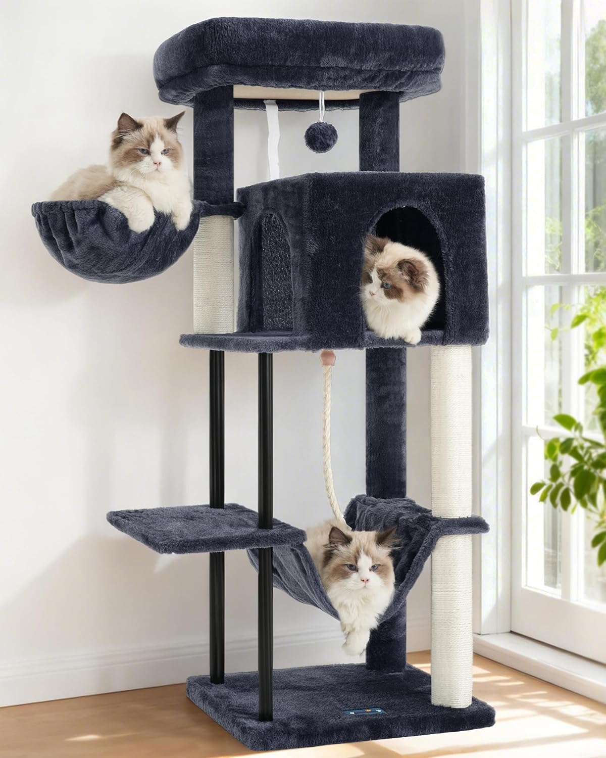 Gitelsnour cat tree top platform in smoky gray provides a spacious lounging area.