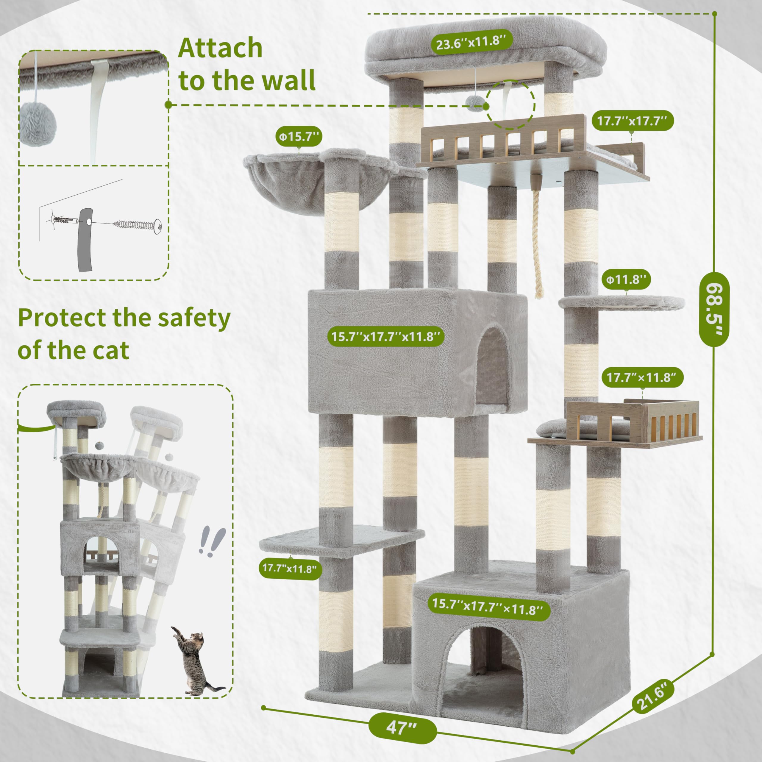 Gitelsnour Cat Tree wide base with anti tipping strap.
