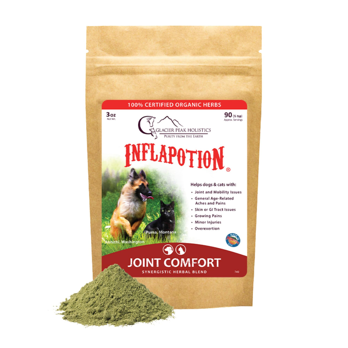 Glacier Peak Holistics Inflapotion bottle showing organic blend for joint comfort.