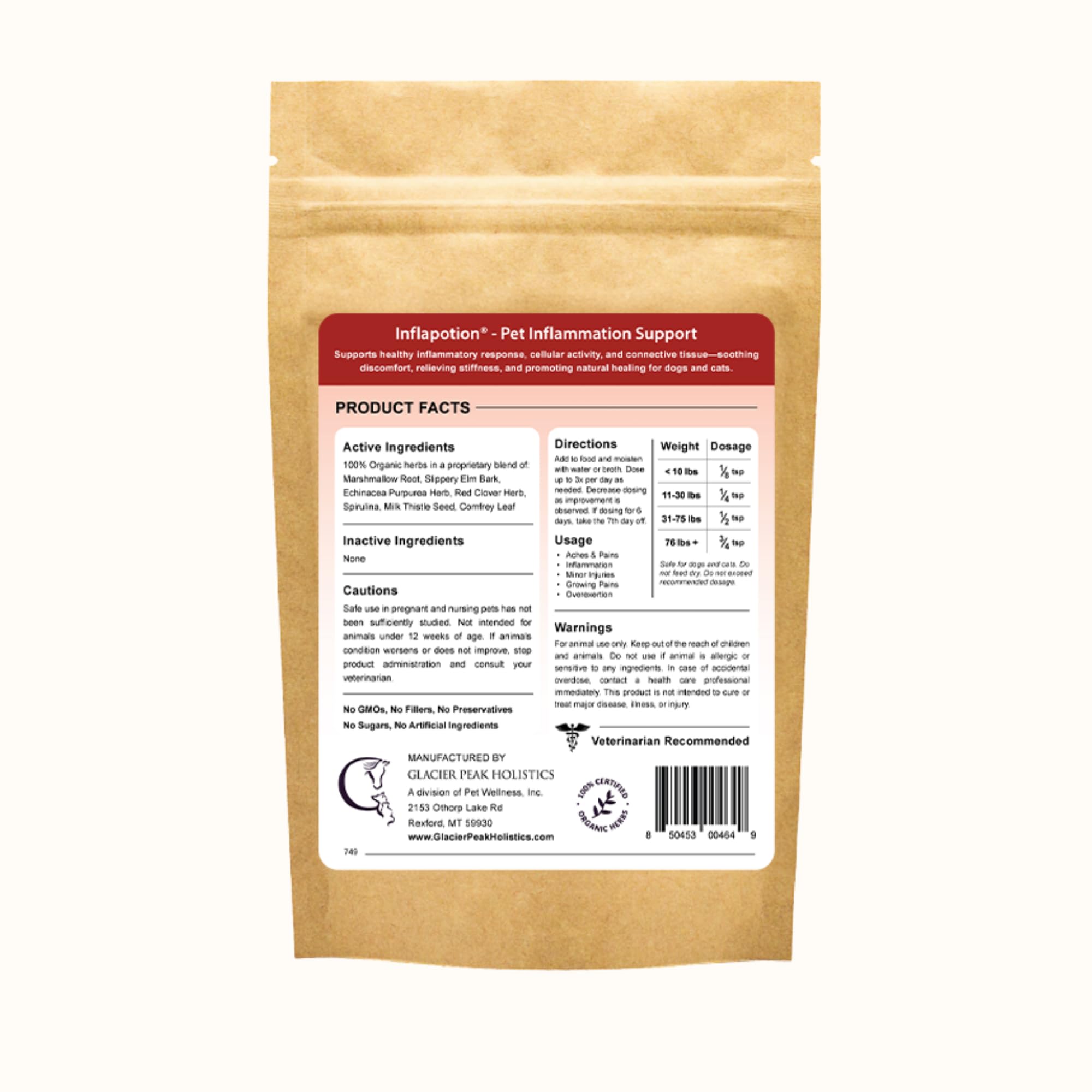 Glacier Peak Holistics Inflapotion label close-up highlighting organic ingredients.