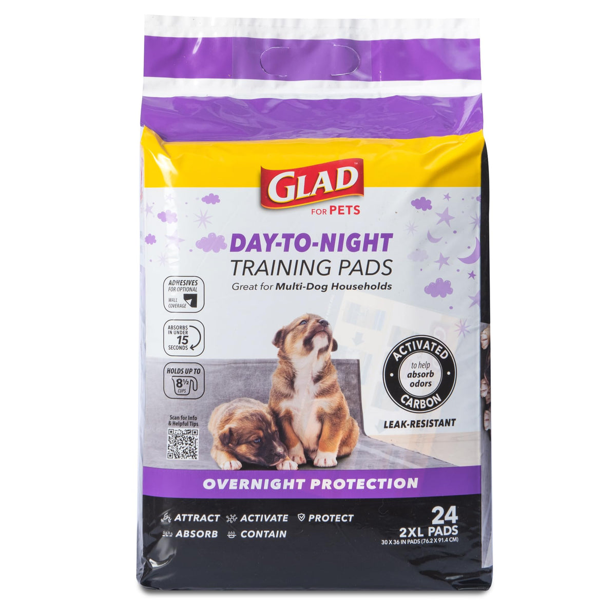 Glad Day to Night pads with activated carbon odor control for indoor training.
