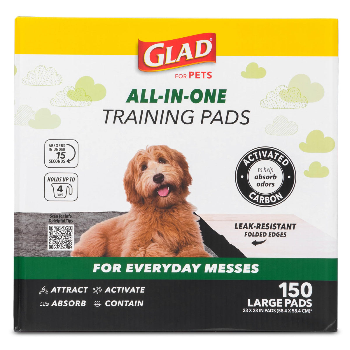 Glad for Pets charcoal pad with 23x23 inch size and reinforced leak-proof edges.