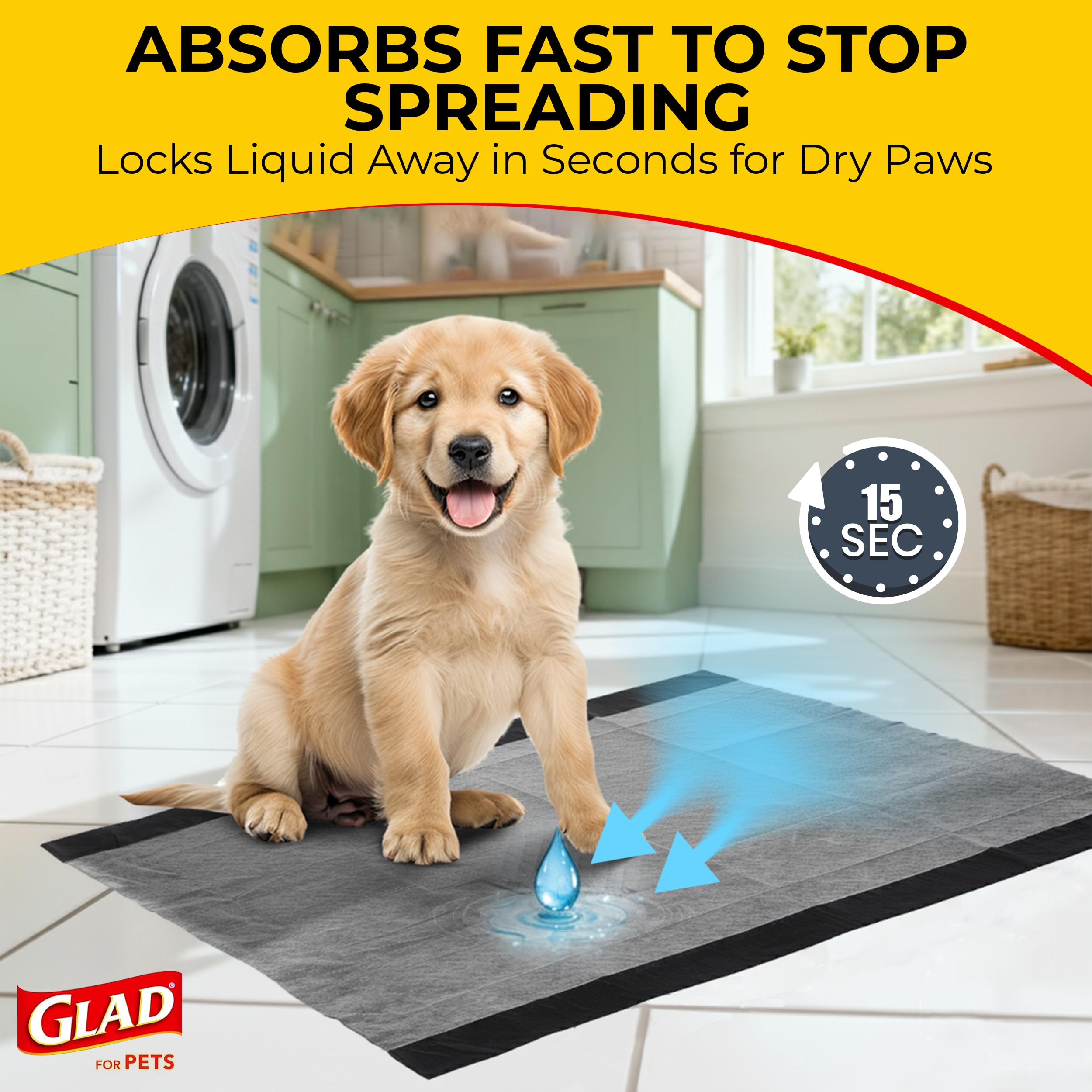 Glad for Pets large-dog use scene illustrates multiple pets using a single pad.