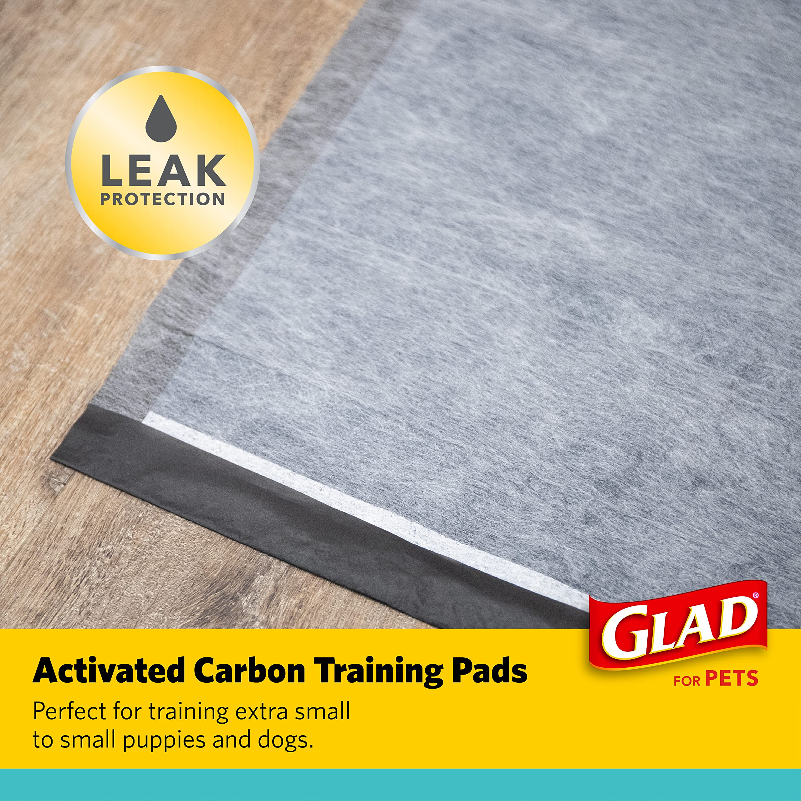 Glad for Pets charcoal puppy pad with high absorption layer keeping surface dry.