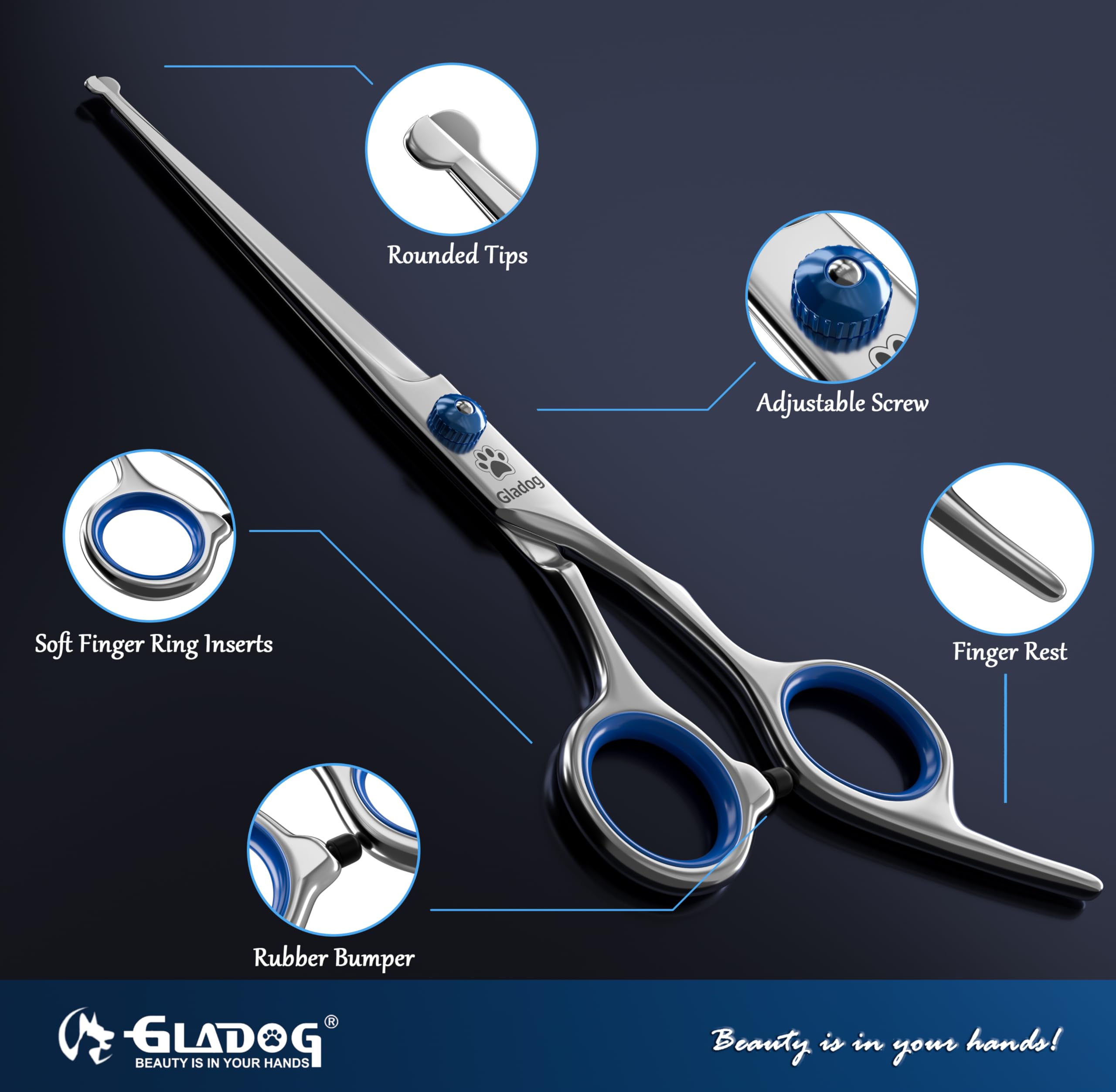 GLADOG curved grooming scissor (6.5 in) for smooth contours around features.