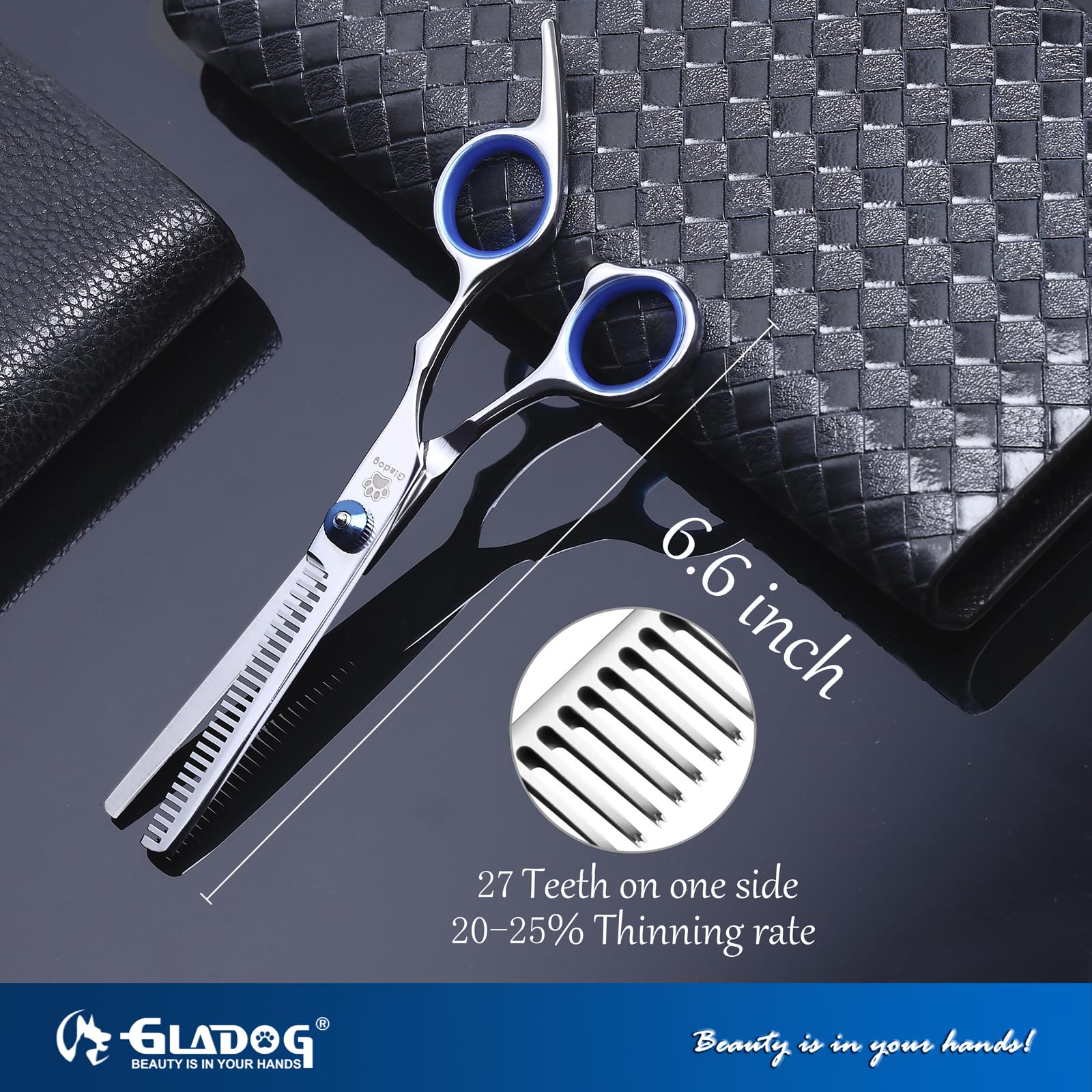 GLADOG thinning shear (6.5 in) for precise fur thinning without snagging.