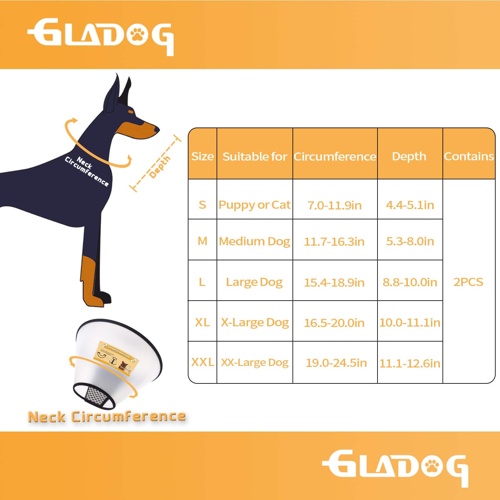 GLADOG adjustable dog cone sizes provide a precise fit.