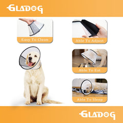 GLADOG transparent plastic dog cone preserves vision while preventing wound access.