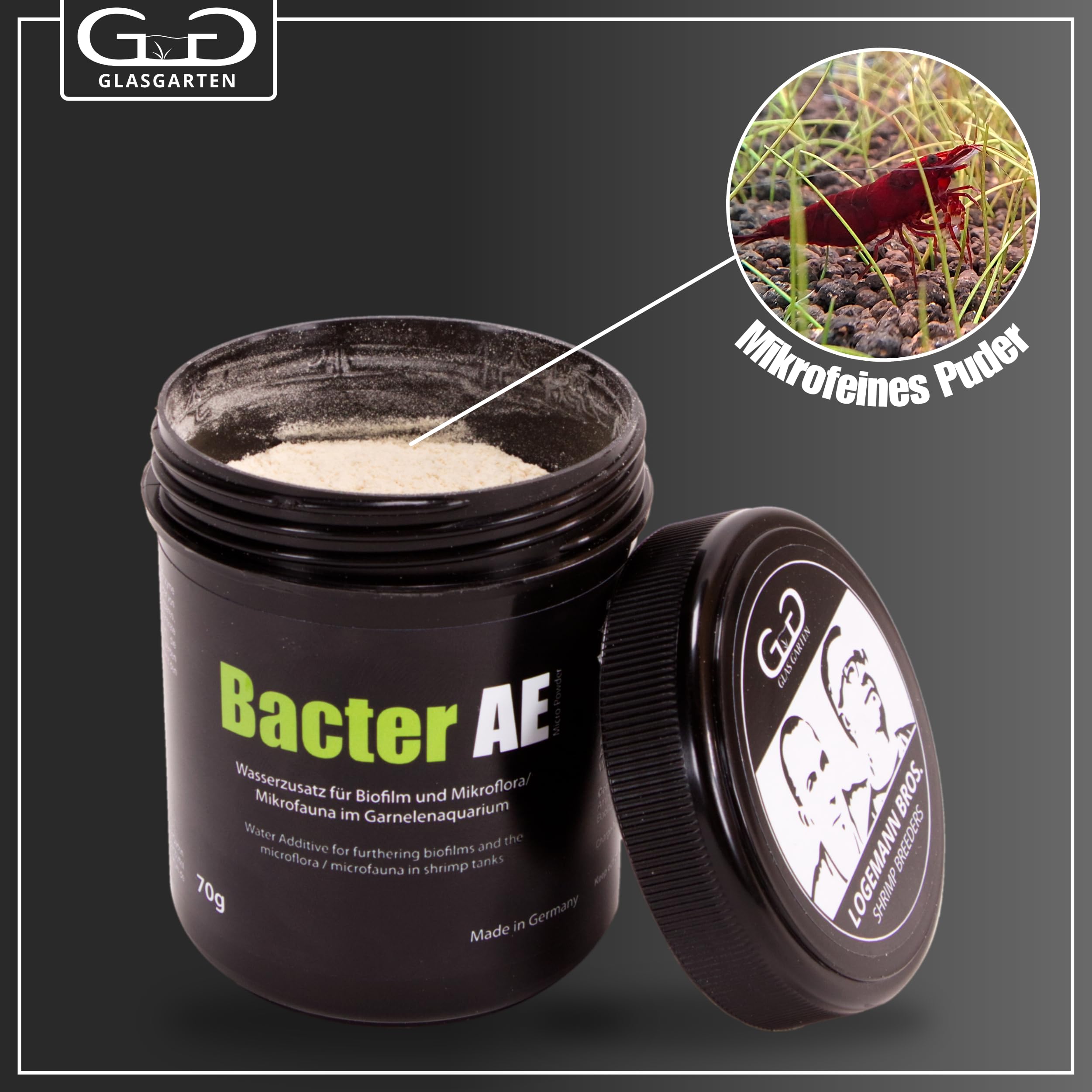 GlasGarten Bacter AE Content 70 g in aquarium indicating biofilm development for shrimp offspring.