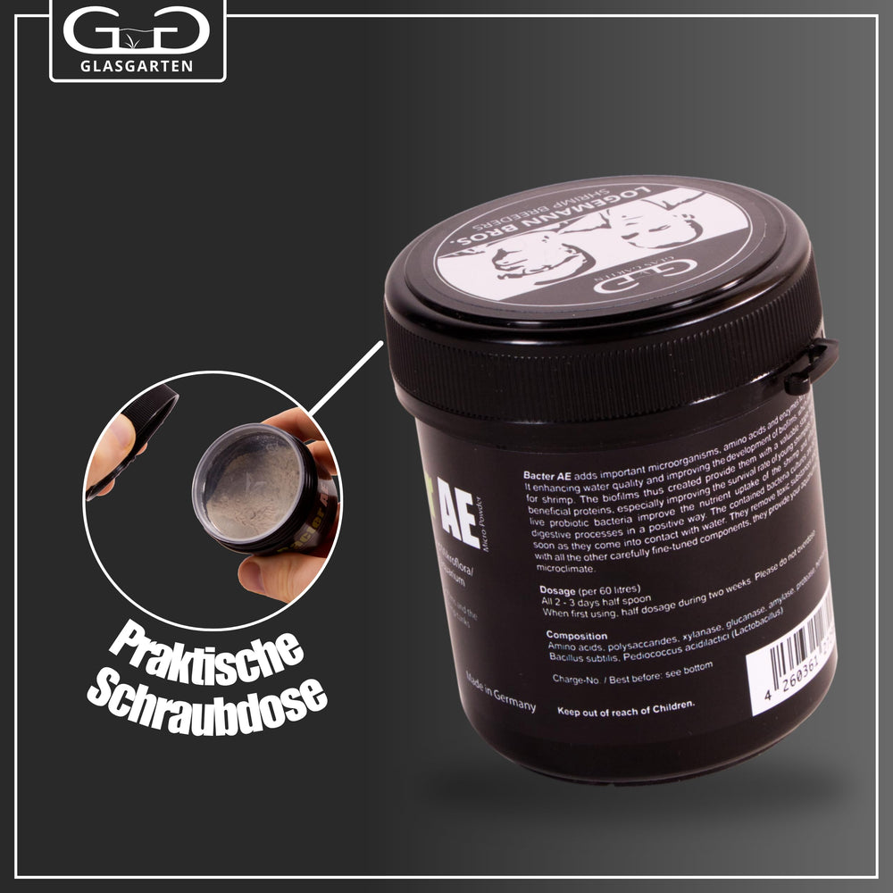 GlasGarten Bacter AE Content 70 g close-up of dry powder highlighting amino acids and enzymes.