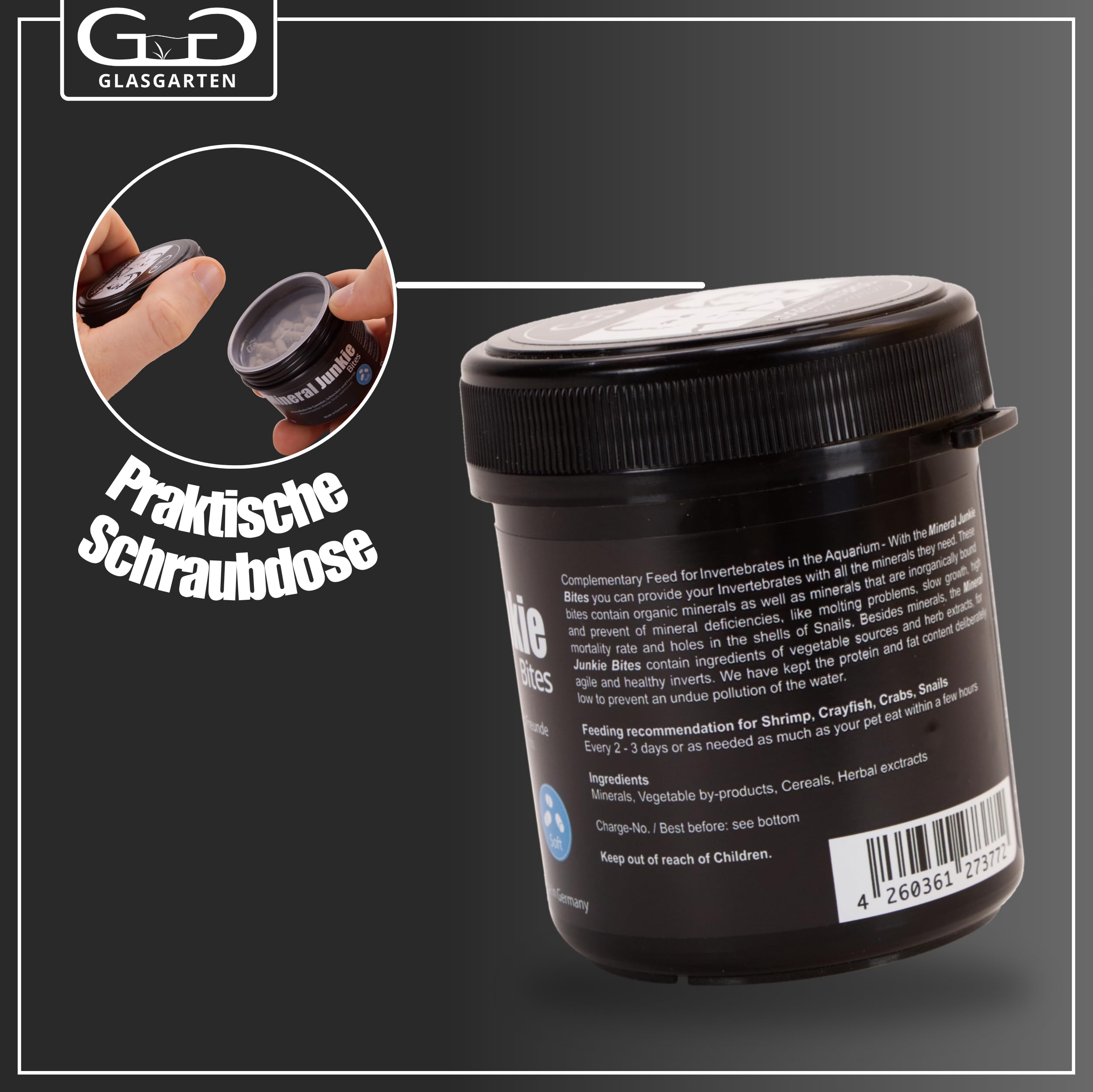 GlasGarten Mineral Junkie Bites shown with shrimp for shell health