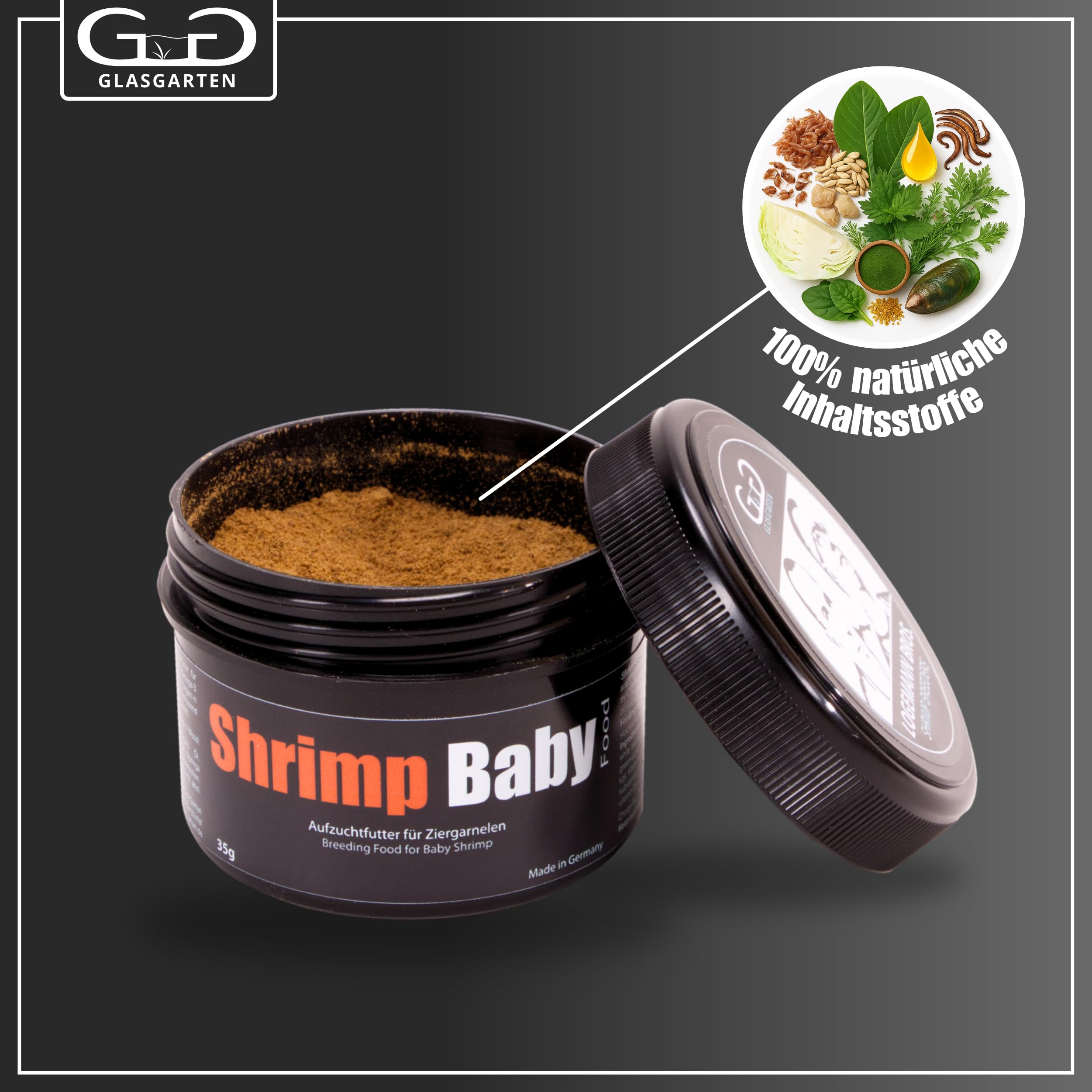 GlasGarten Shrimp Baby Food ingredients with algae and herbs for micronutrients.