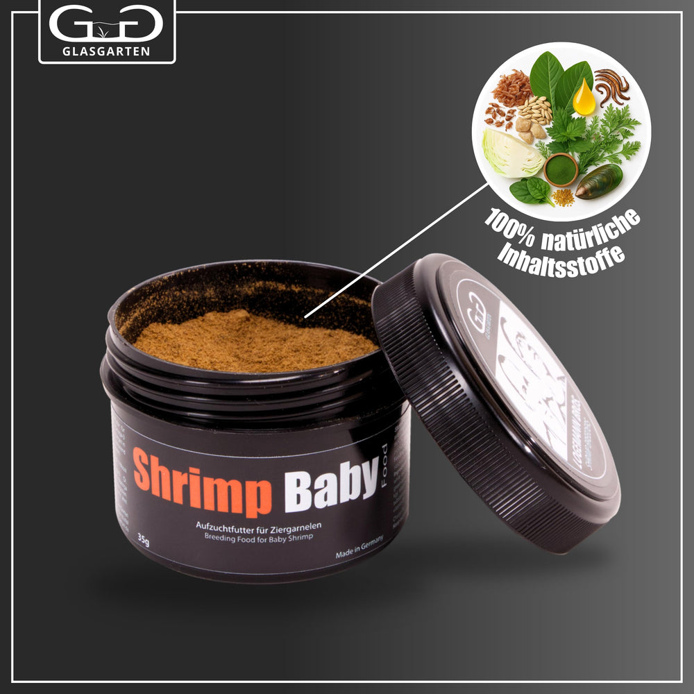 GlasGarten Shrimp Baby Food ingredients with algae and herbs for micronutrients.