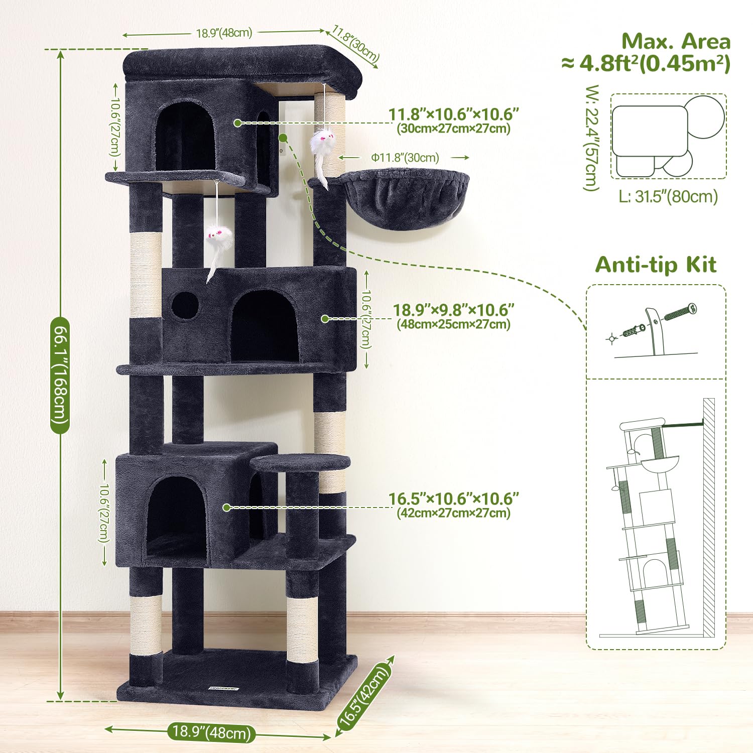 Globlazer dark grey cat tree blends with modern interiors for indoor use.