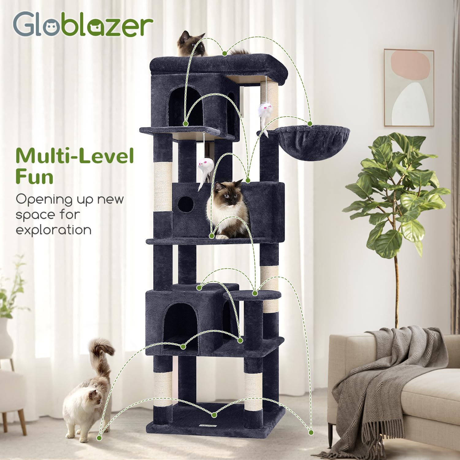 Globlazer multi-cat friendly cat tree promotes exploration and exercise.