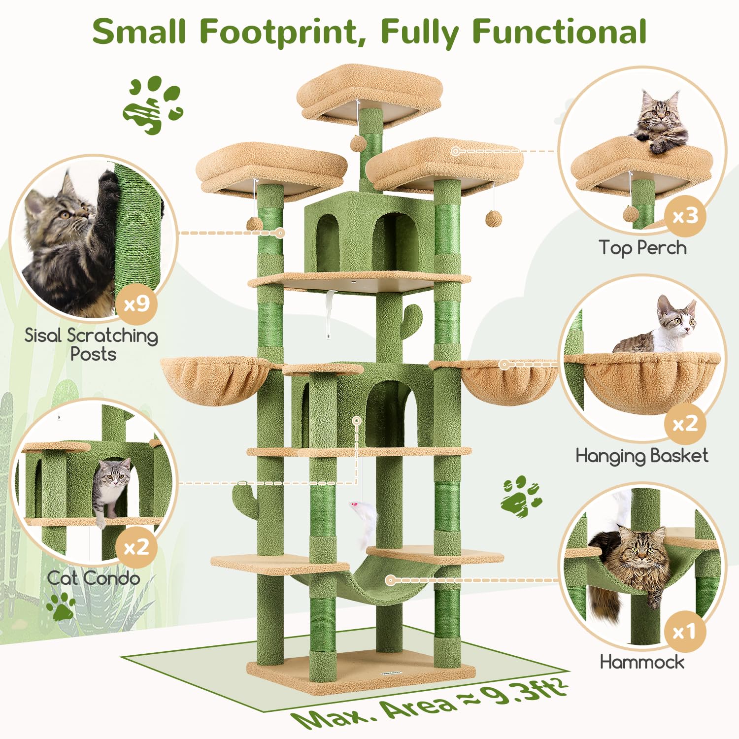 Spacious condos give cats private retreat spaces.