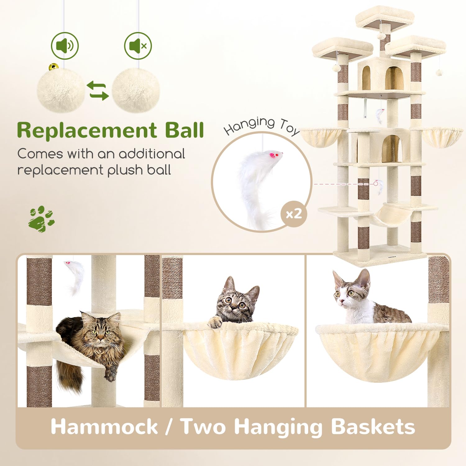 Globlazer Big Cat Tower two hanging baskets offer playful lounging.