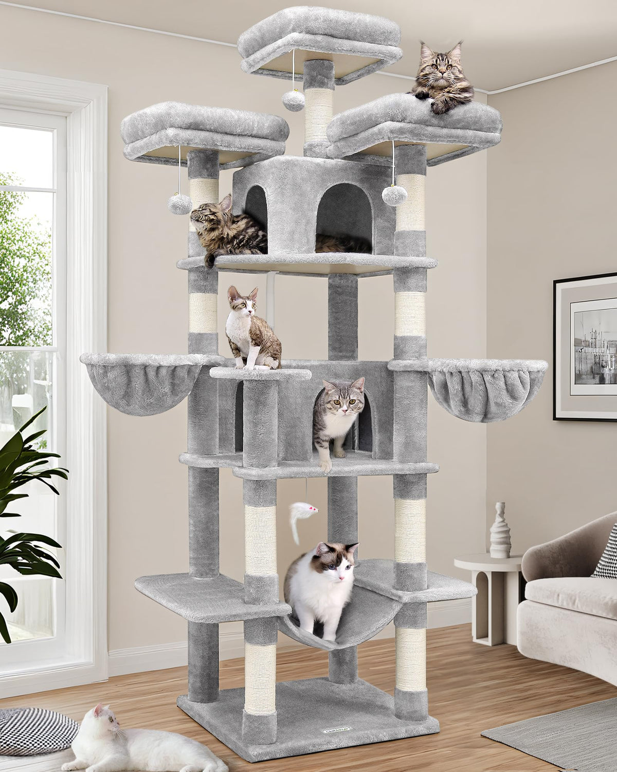 Globlazer Big Cat Tower overview shows a tall, multi-cat playground for lounging and play