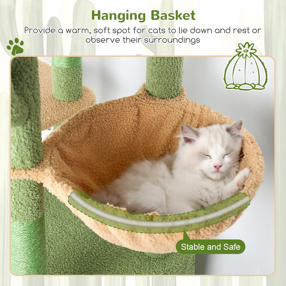 Globlazer Cactus Cat Tower includes interactive toys for daily enrichment and play.