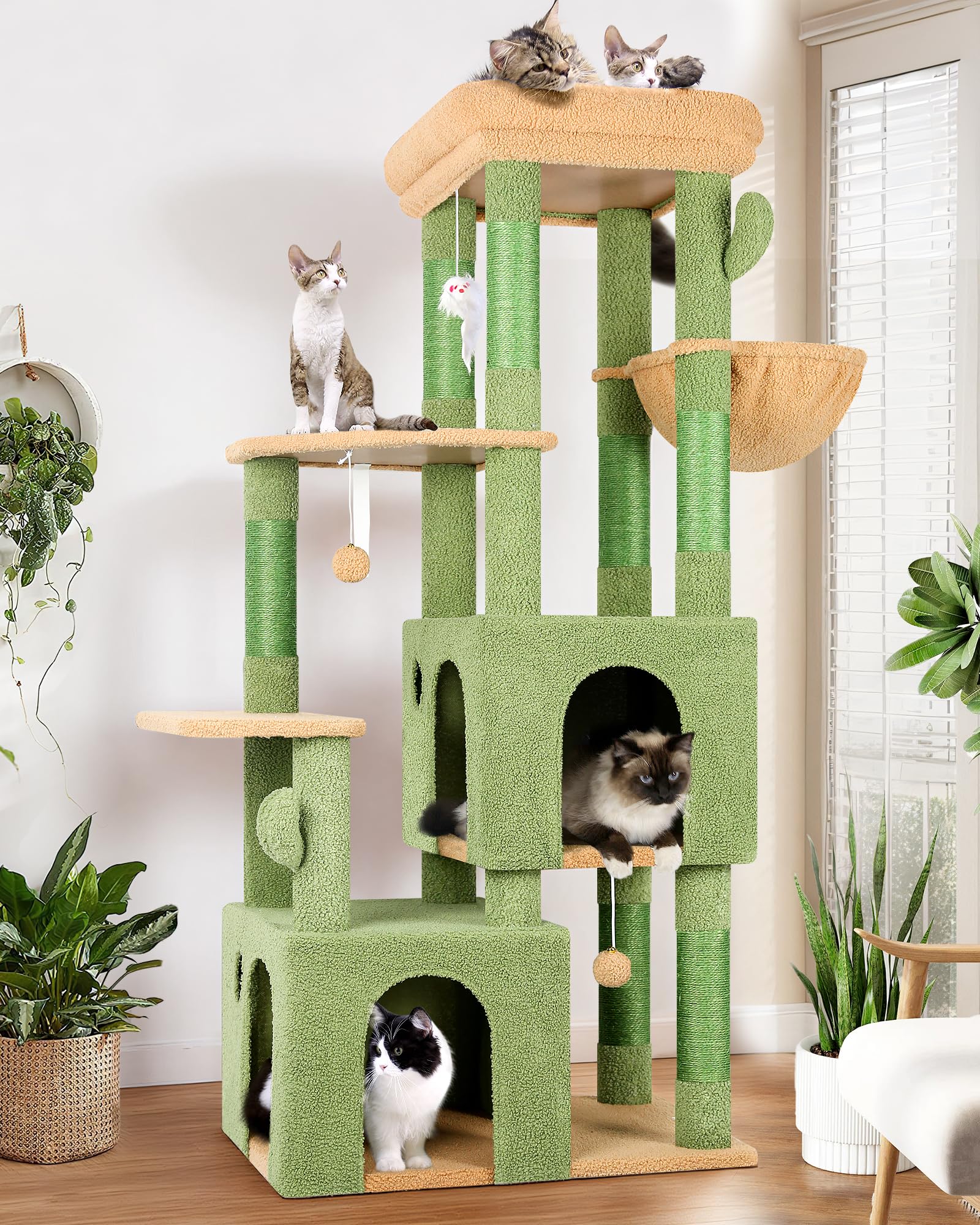 Globlazer Cactus Cat Tower top perch offers a wide, comfortable lookout for large indoor cats.