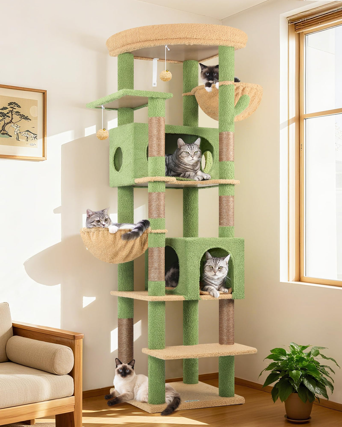Globlazer cactus cat tree full view shows tall, stable design for large cats