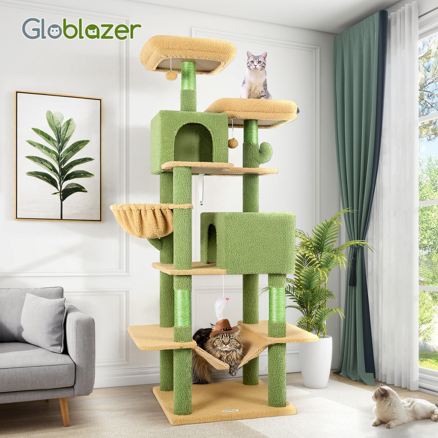 Globlazer Cactus Cat Tree includes interactive toys for engaging play.