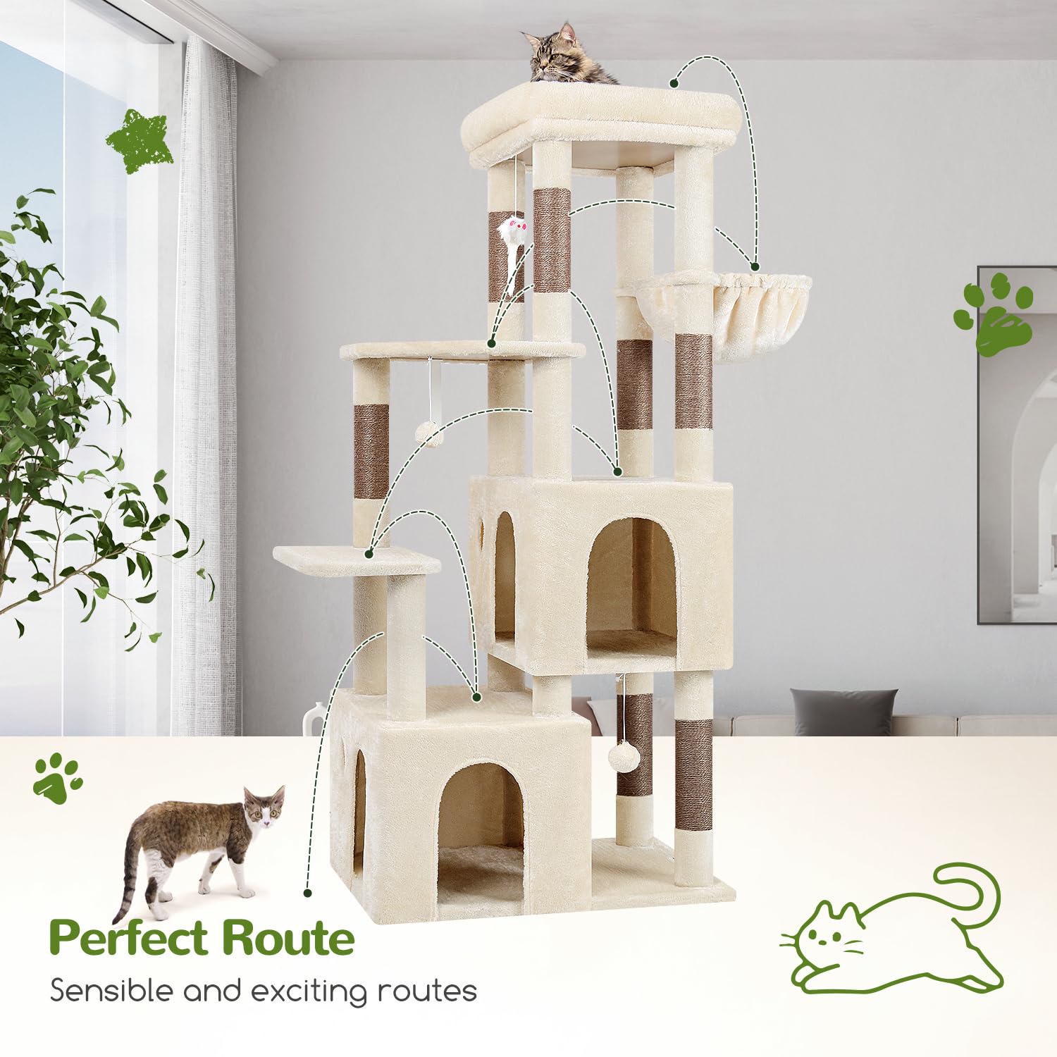 Globlazer cat tower showcases beige plush platforms for cozy lounging.