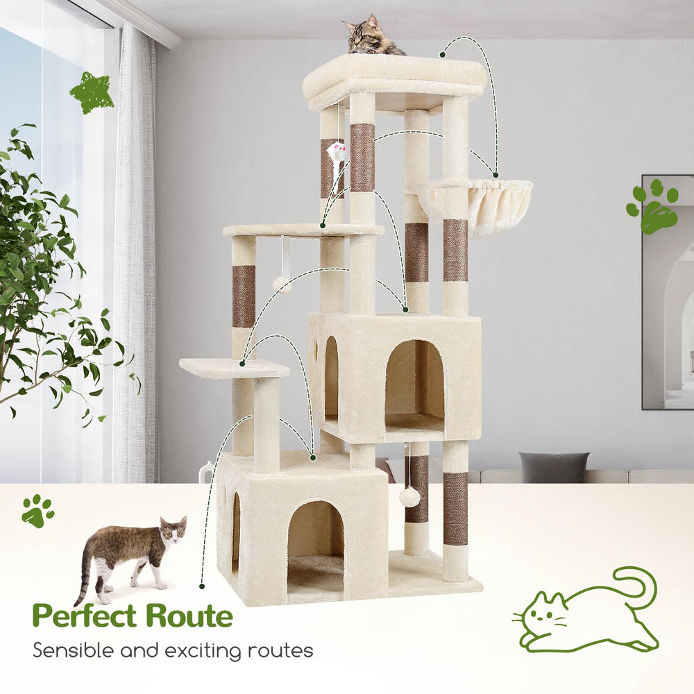 Globlazer cat tower showcases beige plush platforms for cozy lounging.