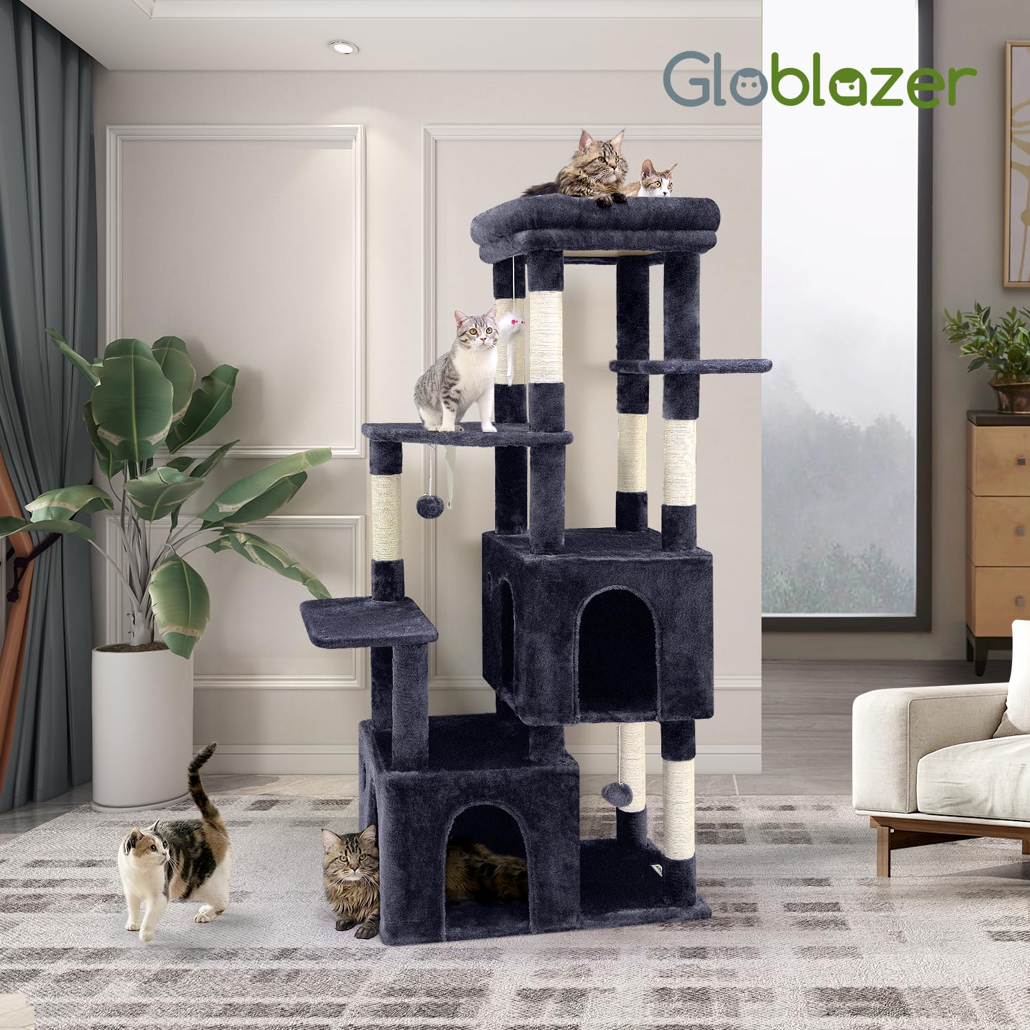 Globlazer cat tower dark grey finish complements modern interiors.