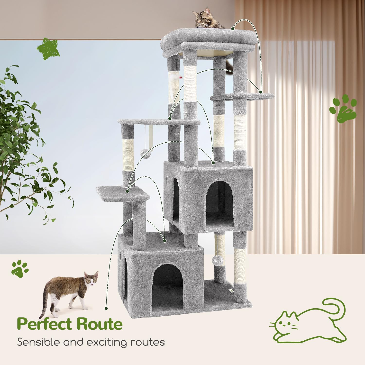 Globlazer Cat Tower Hanging Toys stimulate interactive play sessions.