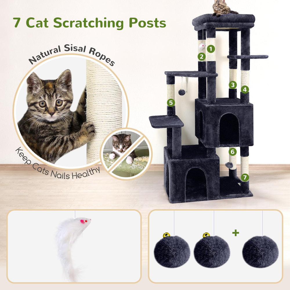 Globlazer cat tower with hanging toys stimulates play and exercise.