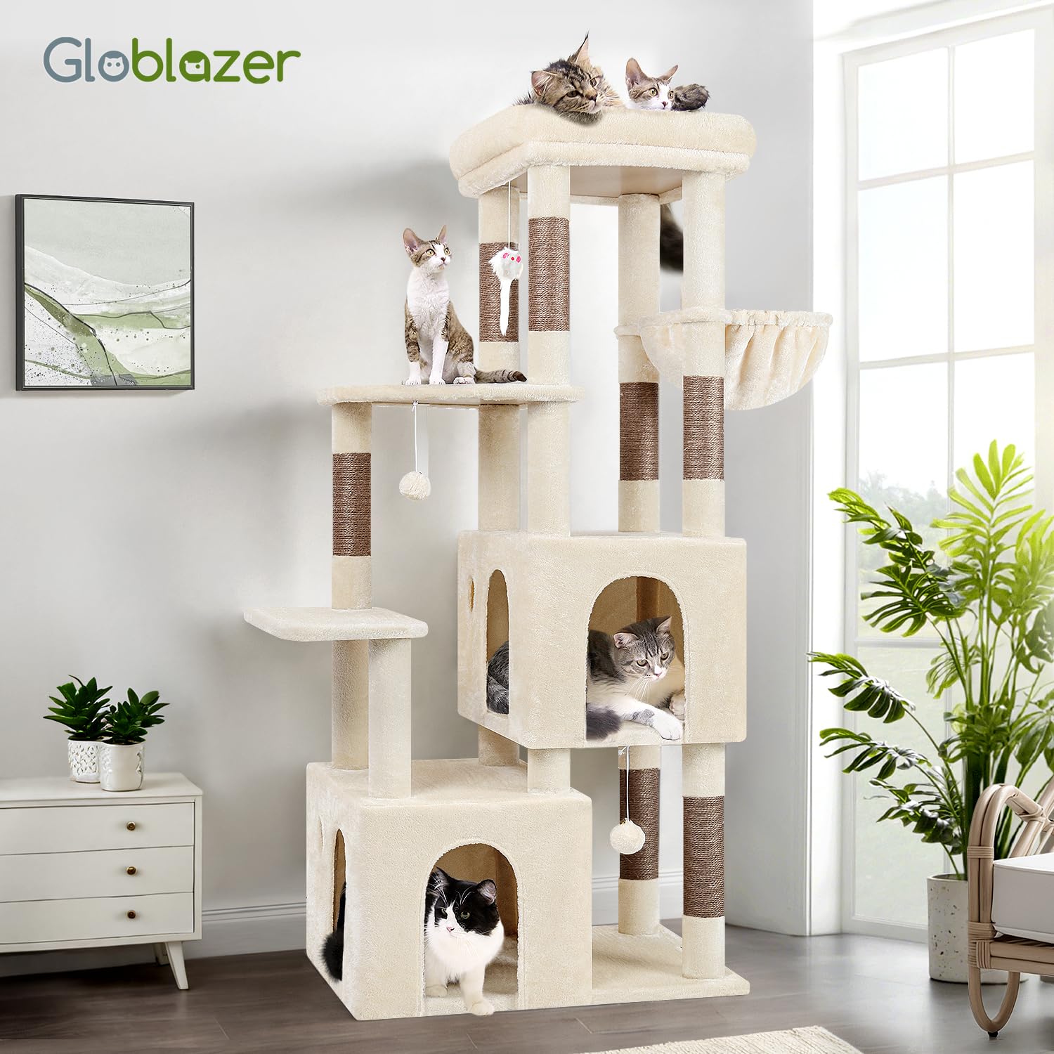 Globlazer cat tower is sized for large cats, including Maine Coon companions.