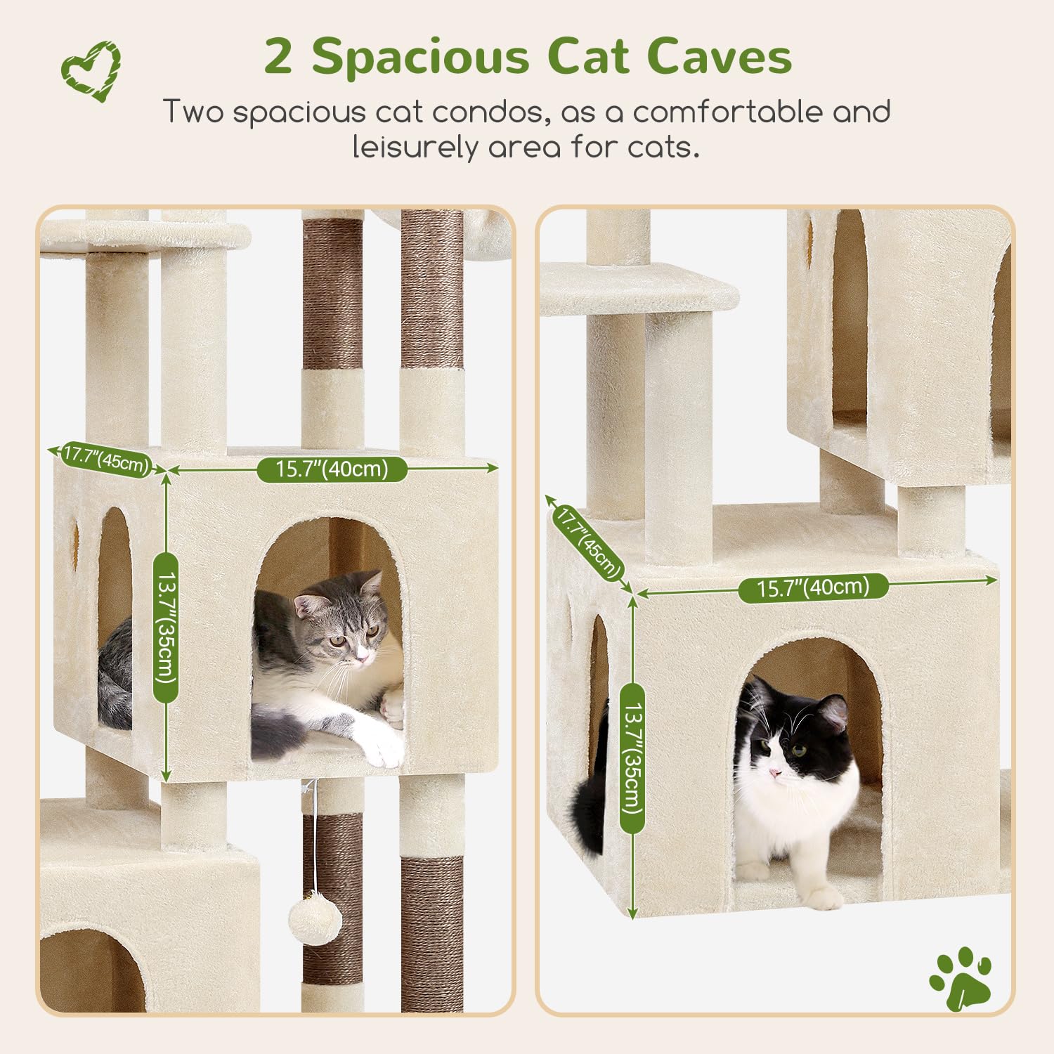 Globlazer cat tower with two spacious condos provides quiet retreats for naps.