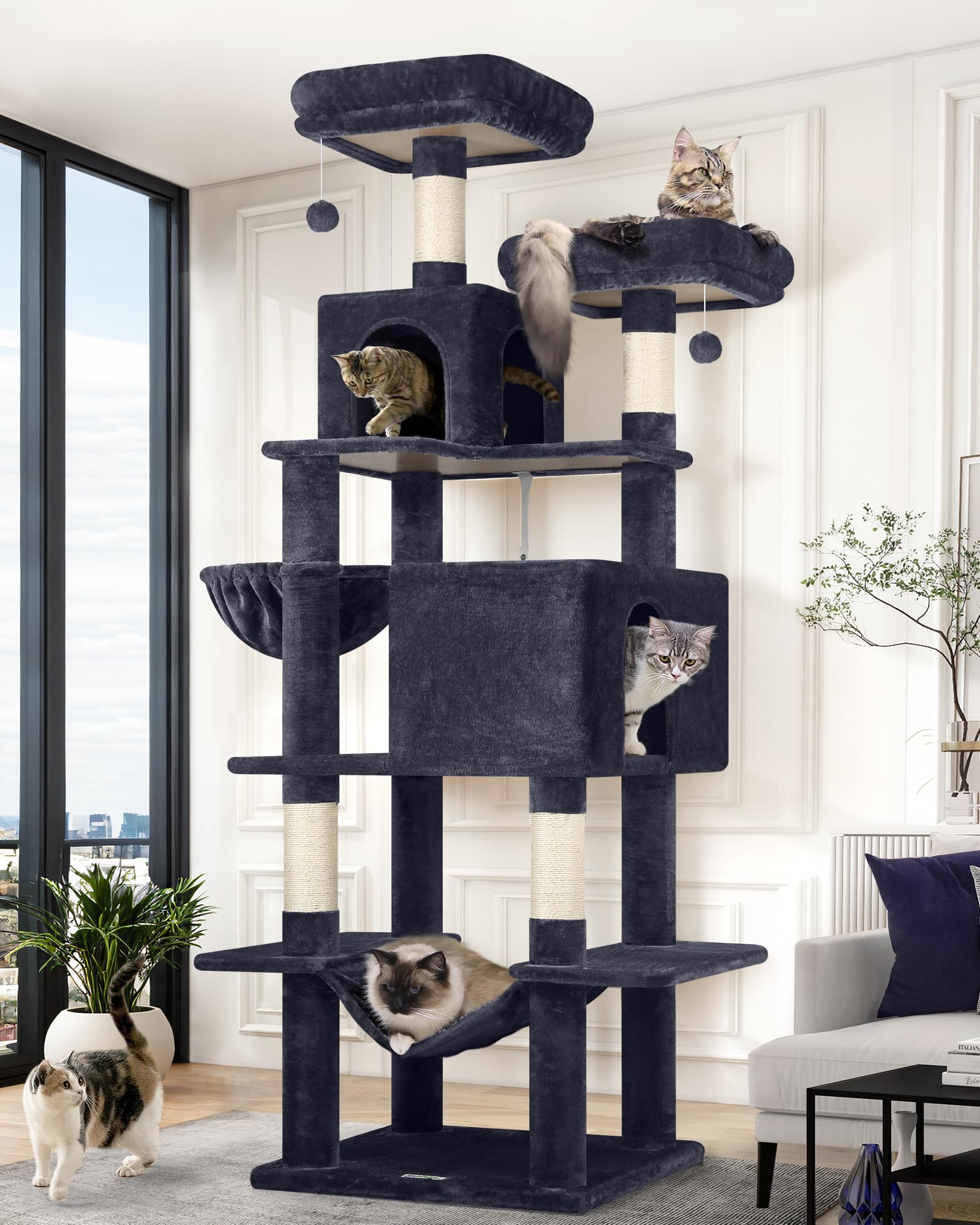 Globlazer cat tree 76-inch tall with multiple levels for resting spots in multi-cat homes.