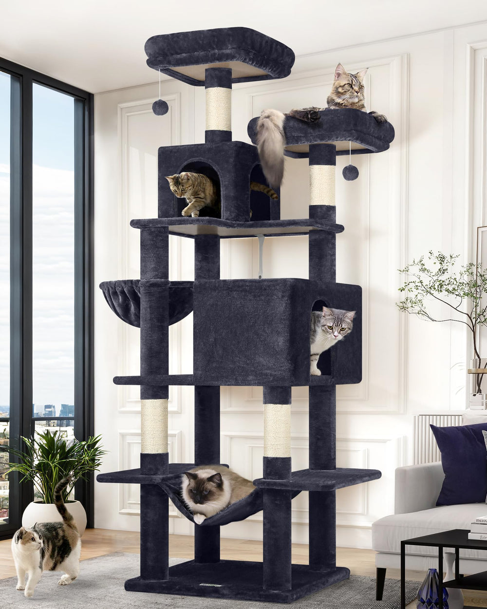 Globlazer cat tree 76-inch tall with multiple levels for resting spots in multi-cat homes.